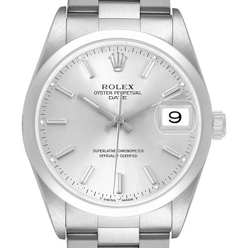 The Rolex Date 15200 Men's Stainless Steel Silver Dial model is shown from a front view, highlighting the dial, hands, bezel, and date window.