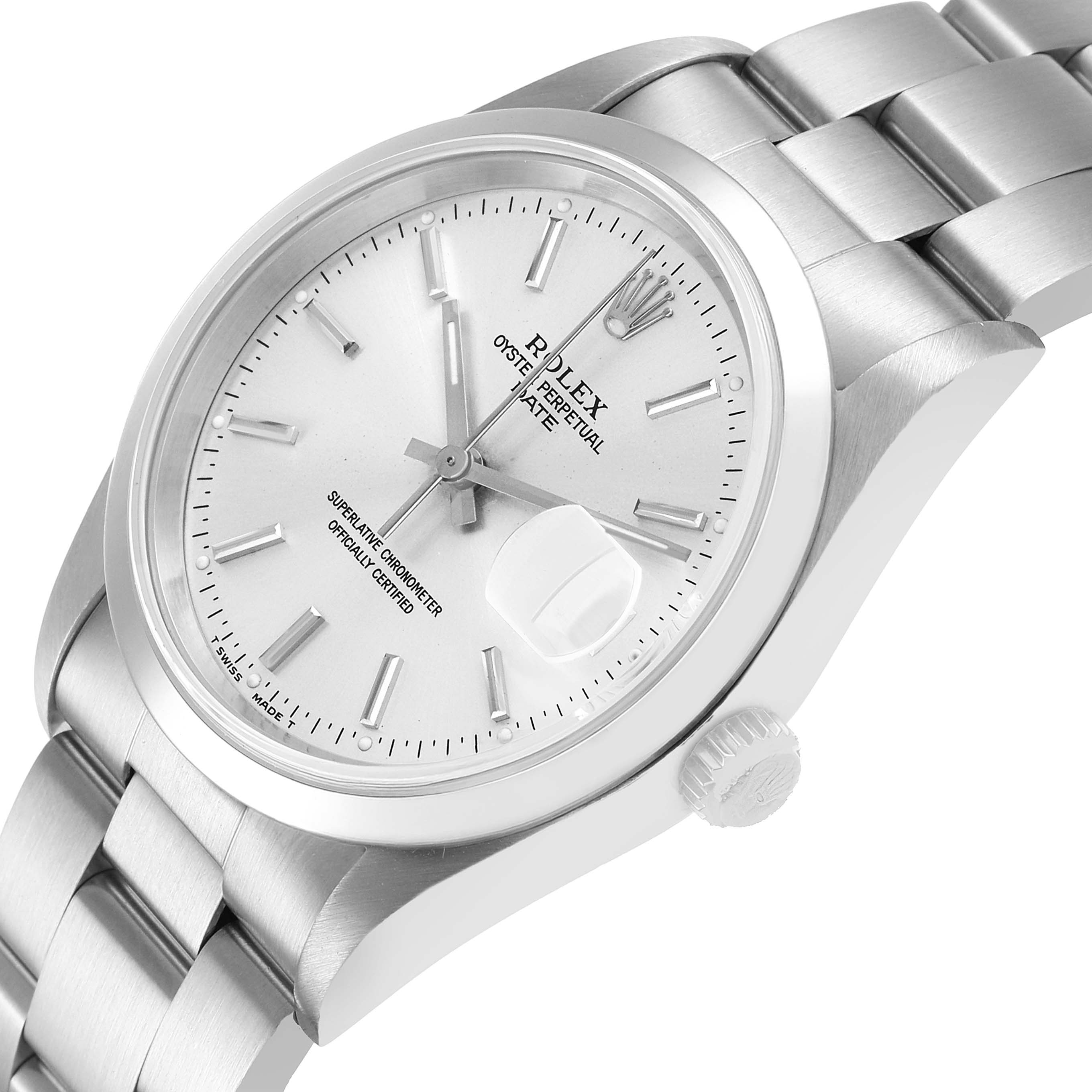 The Rolex Date 15200 Men's Stainless Steel Silver Dial watch is shown at an angled view, highlighting the dial, bracelet, and crown.