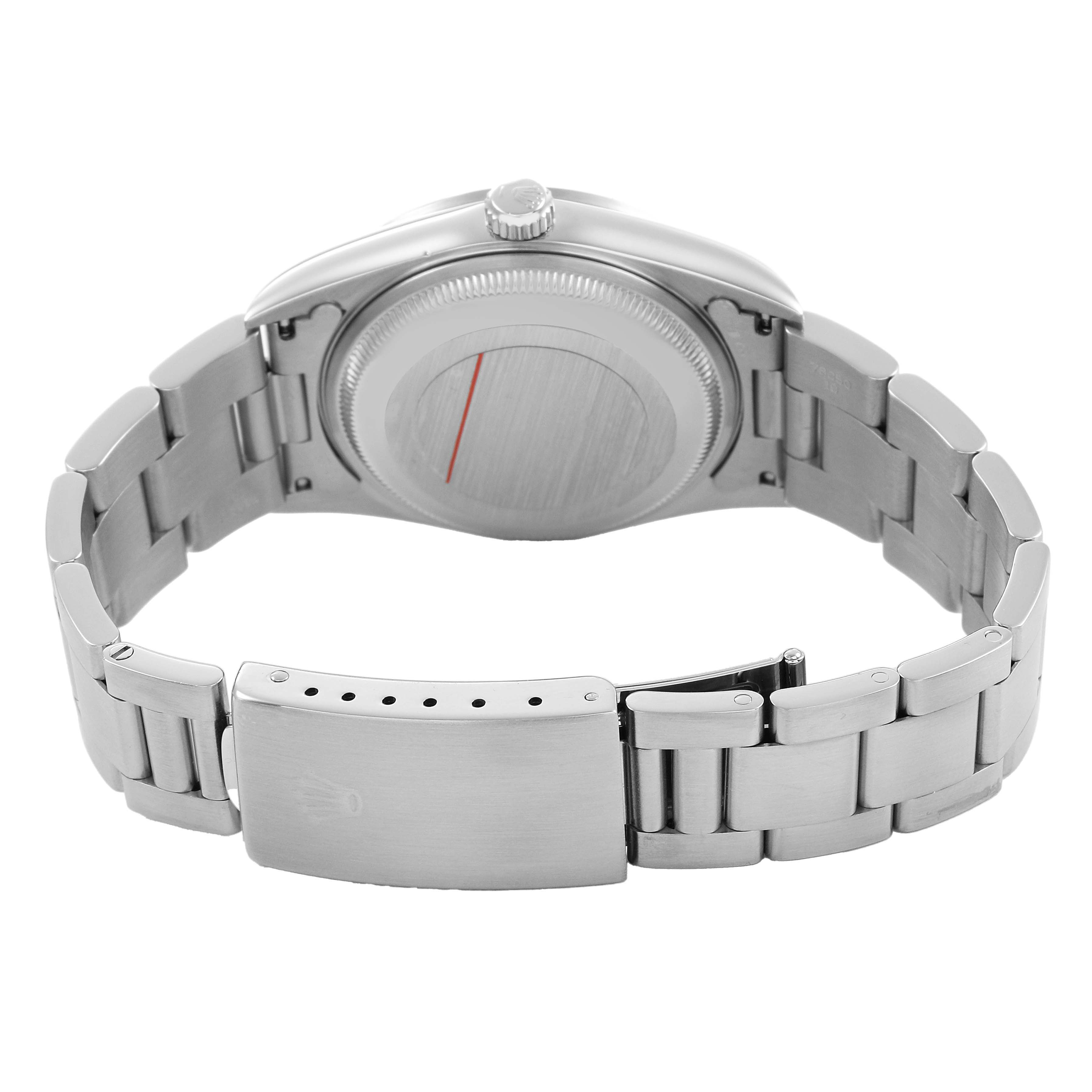 The image shows the back case and bracelet of a Rolex Date 15200 Men's Stainless Steel Silver Dial model watch, highlighting the clasp and links.