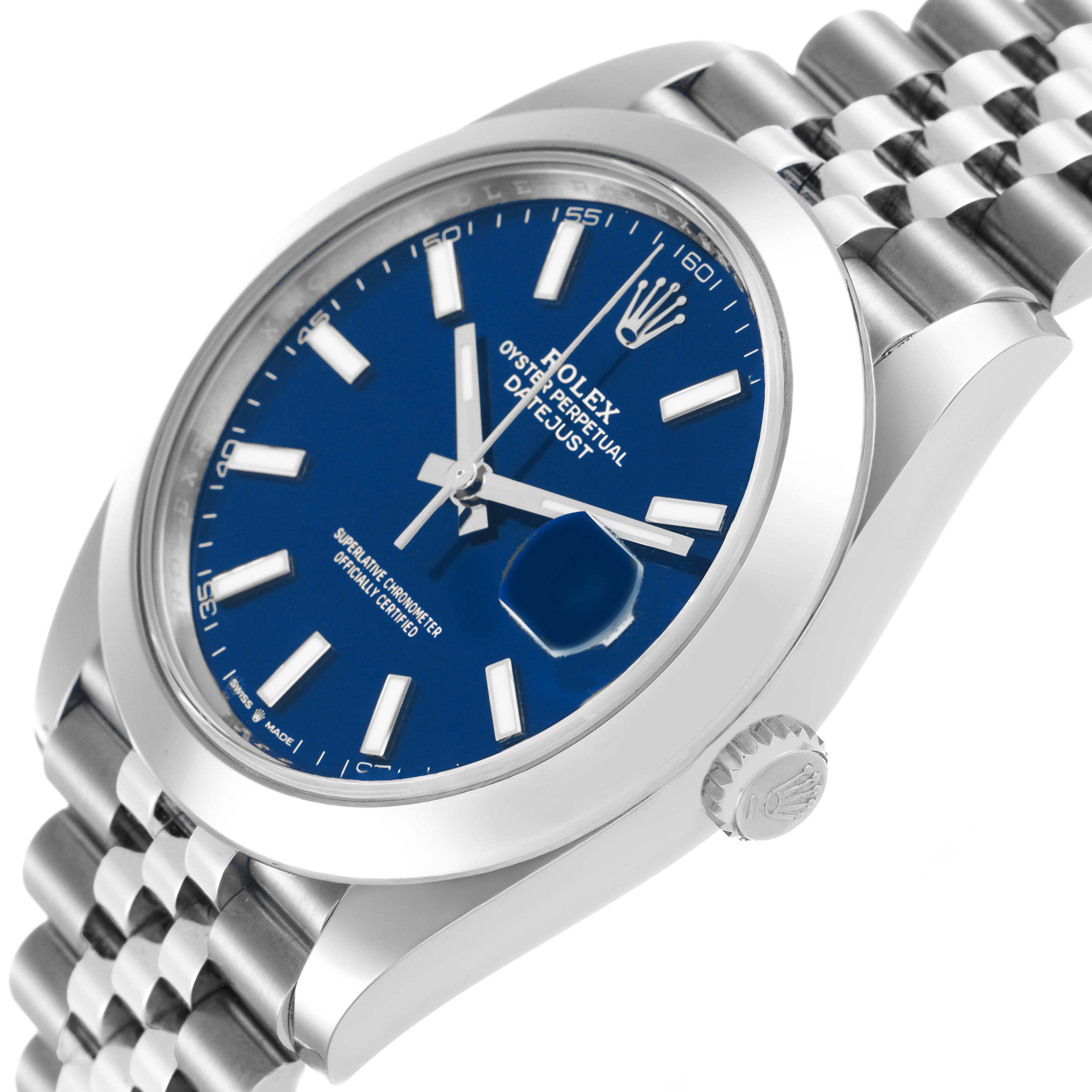 The Rolex Datejust 41 126300 Men's Stainless Steel Blue Dial is shown at a slight angle, highlighting the blue dial, fluted bezel, and Jubilee bracelet.