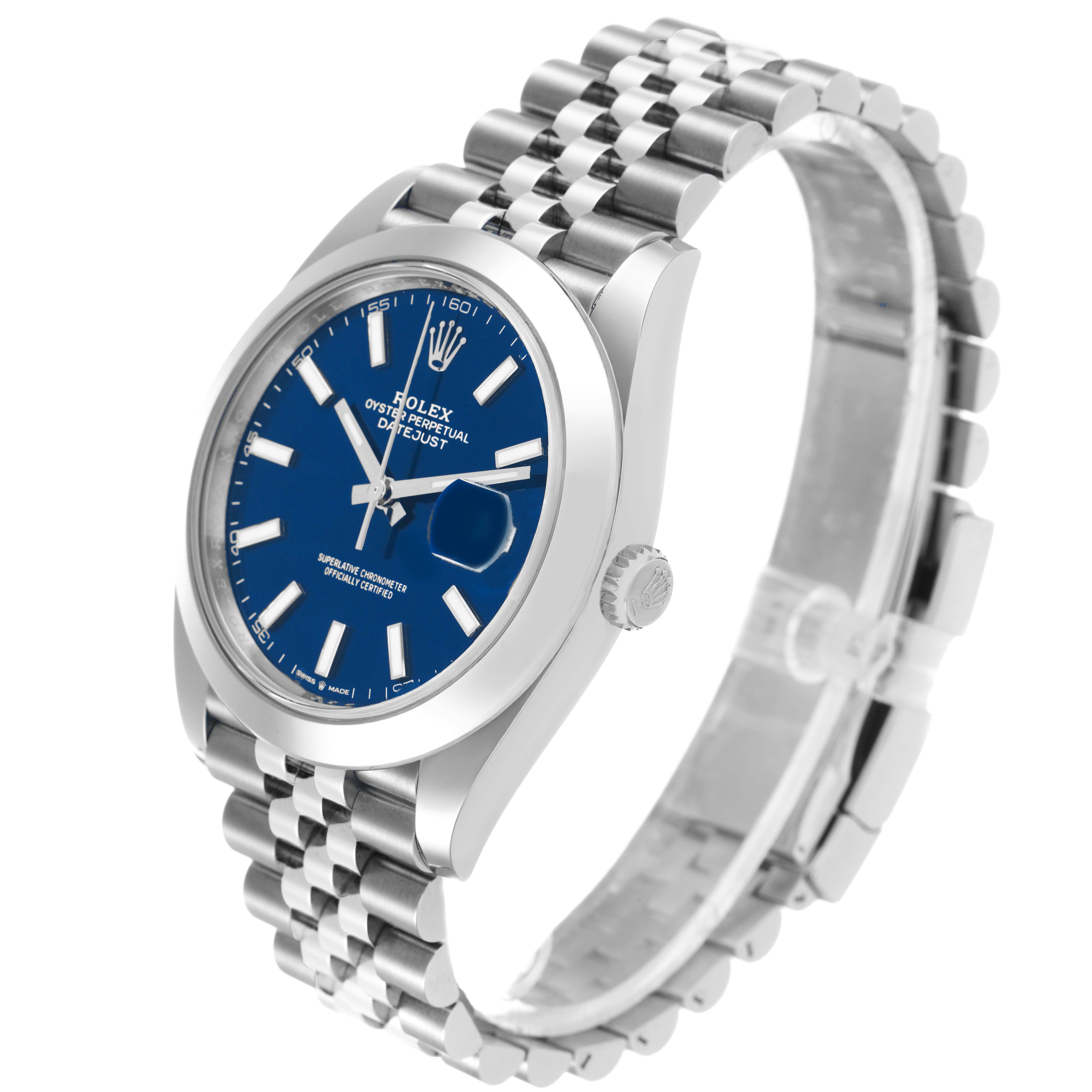 The Rolex Datejust 41 126300 Men's Stainless Steel Blue Dial is shown at a three-quarter angle, highlighting the blue dial, bezel, crown, and Jubilee bracelet.