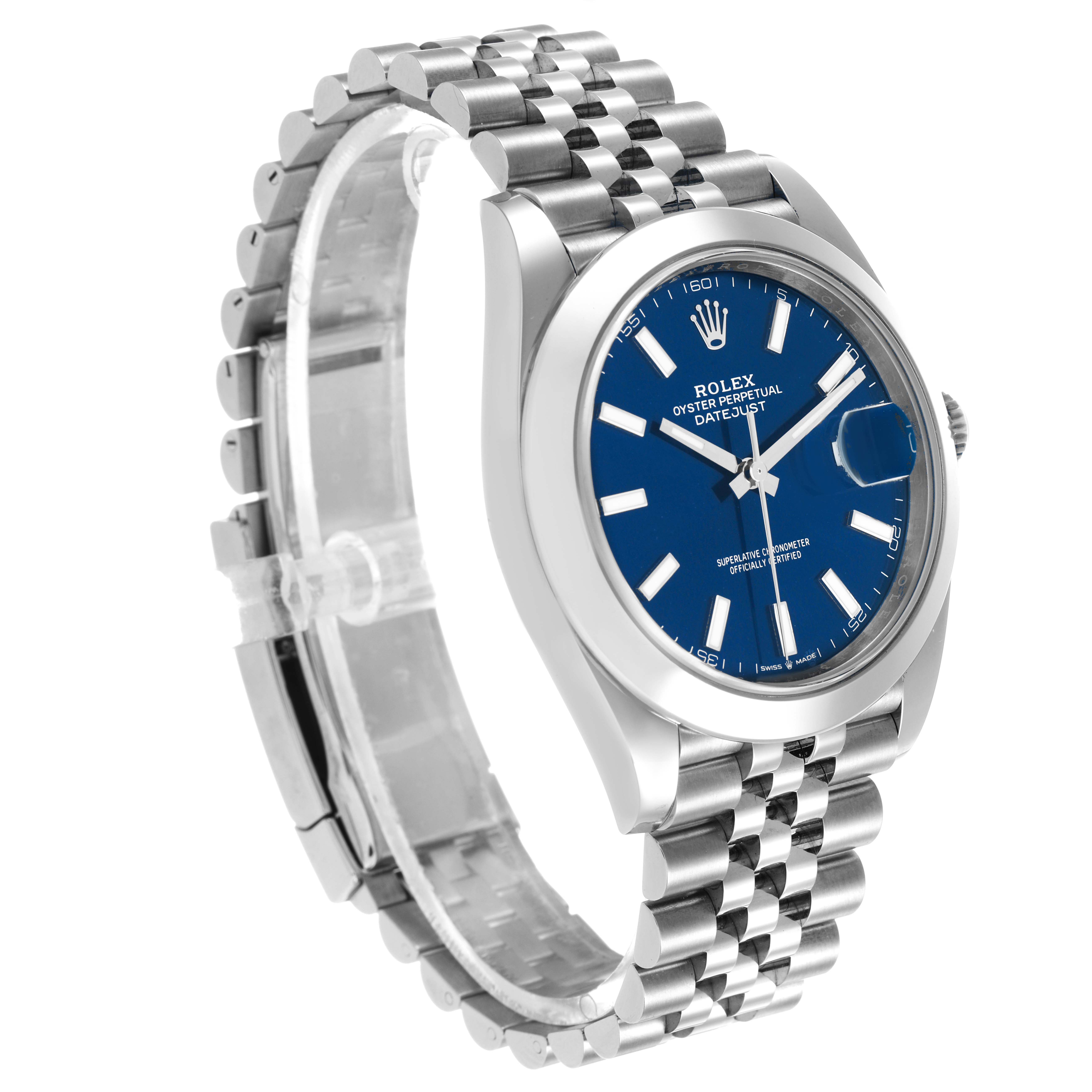 The Rolex Datejust 41 126300 Men's Stainless Steel Blue Dial is shown at a three-quarter angle, highlighting the blue dial, bezel, and Jubilee bracelet.