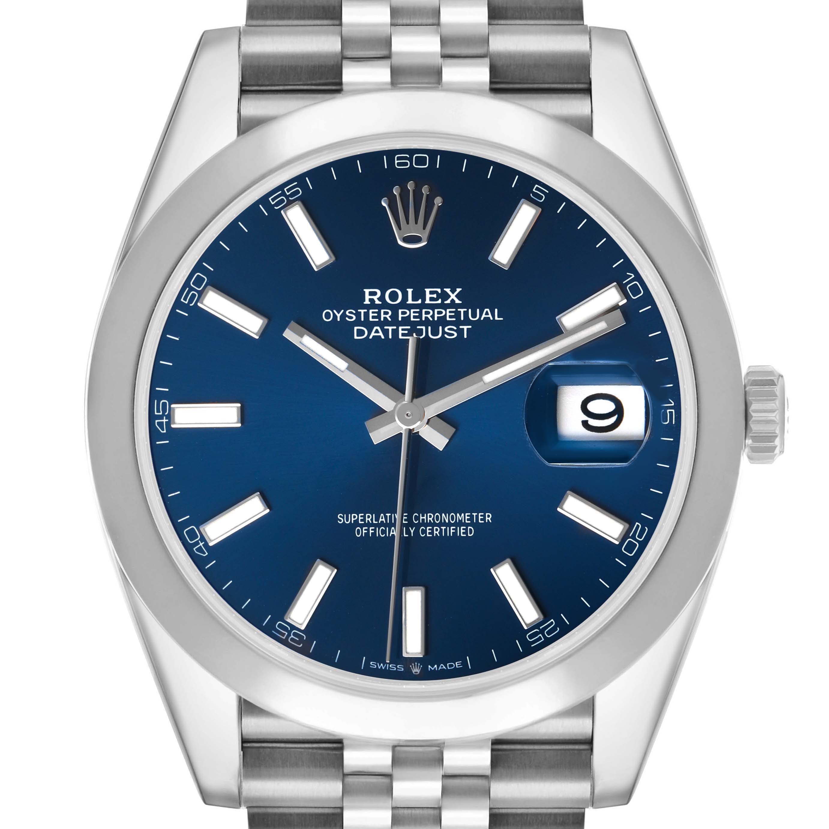The Rolex Datejust 41 126300 Men's Stainless Steel Blue Dial is shown from the front, displaying the dial, bezel, crown, and part of the bracelet.