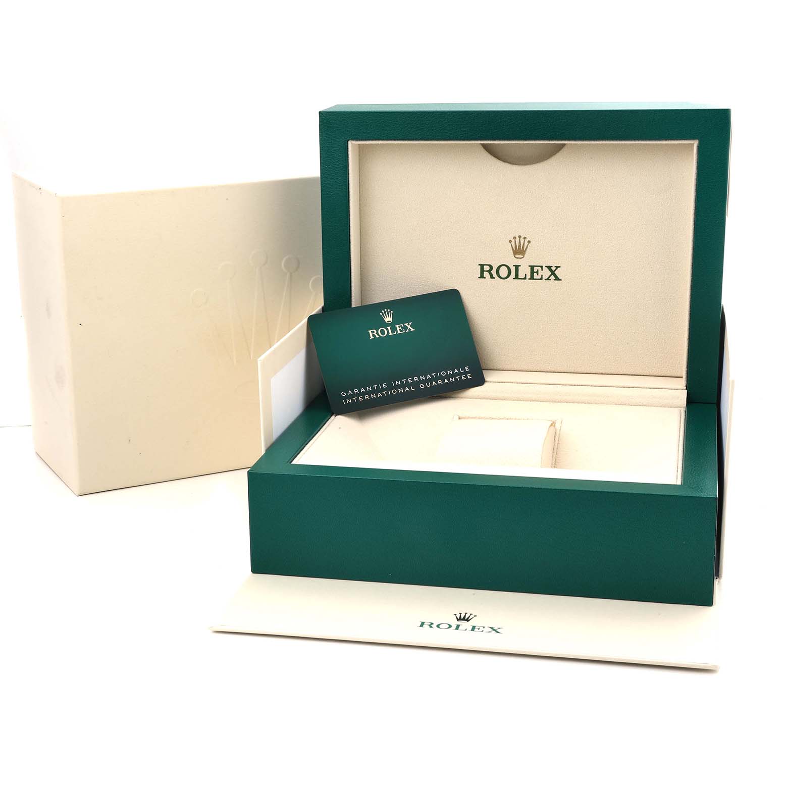 The image shows a Rolex Datejust 41 126300 Men's Stainless Steel Blue Dial packaging, including a green box, warranty card, and booklet, viewed from the front.