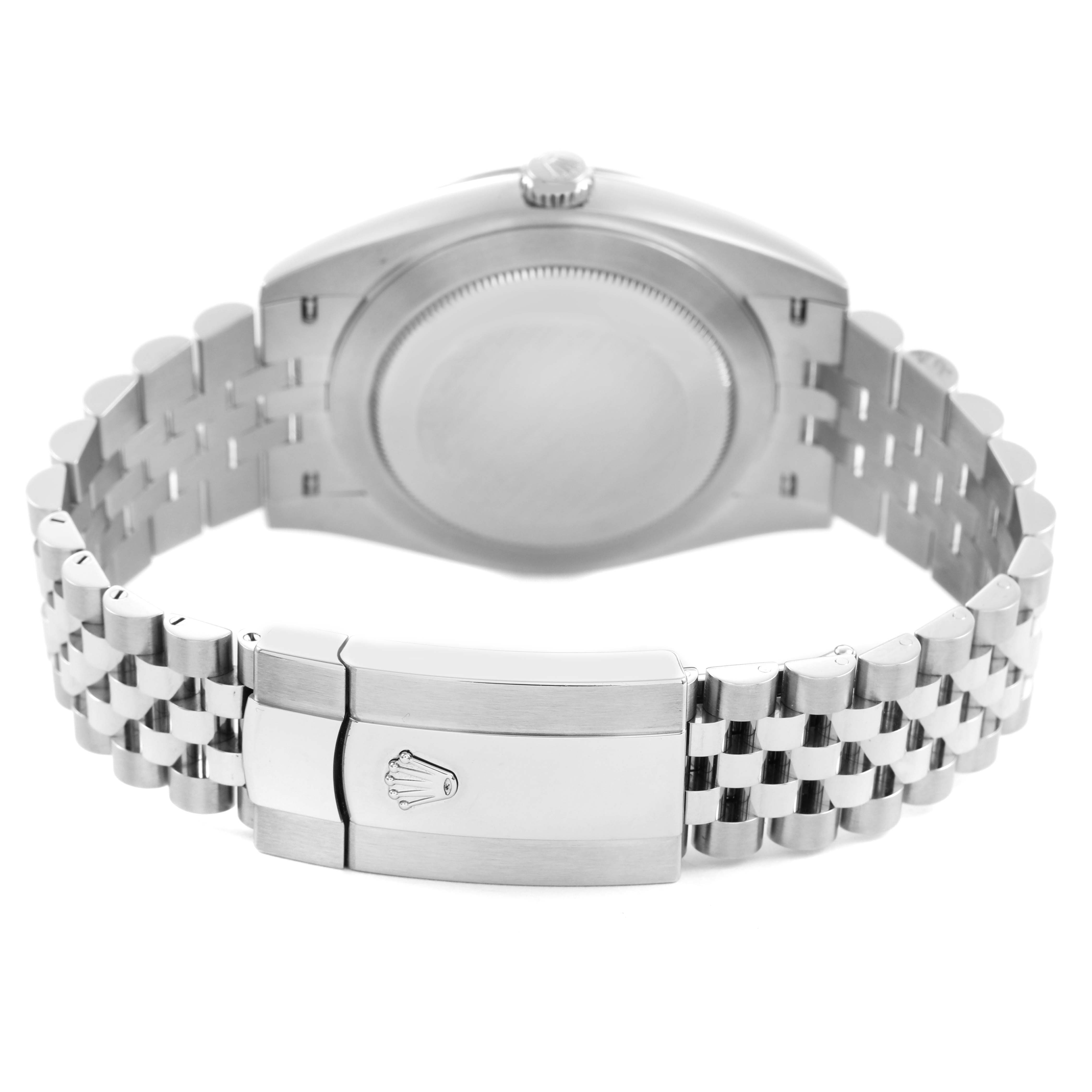 The image shows the back view of a Rolex Datejust 41 126300 Men's Stainless Steel Blue Dial, displaying the closed clasp and bracelet.