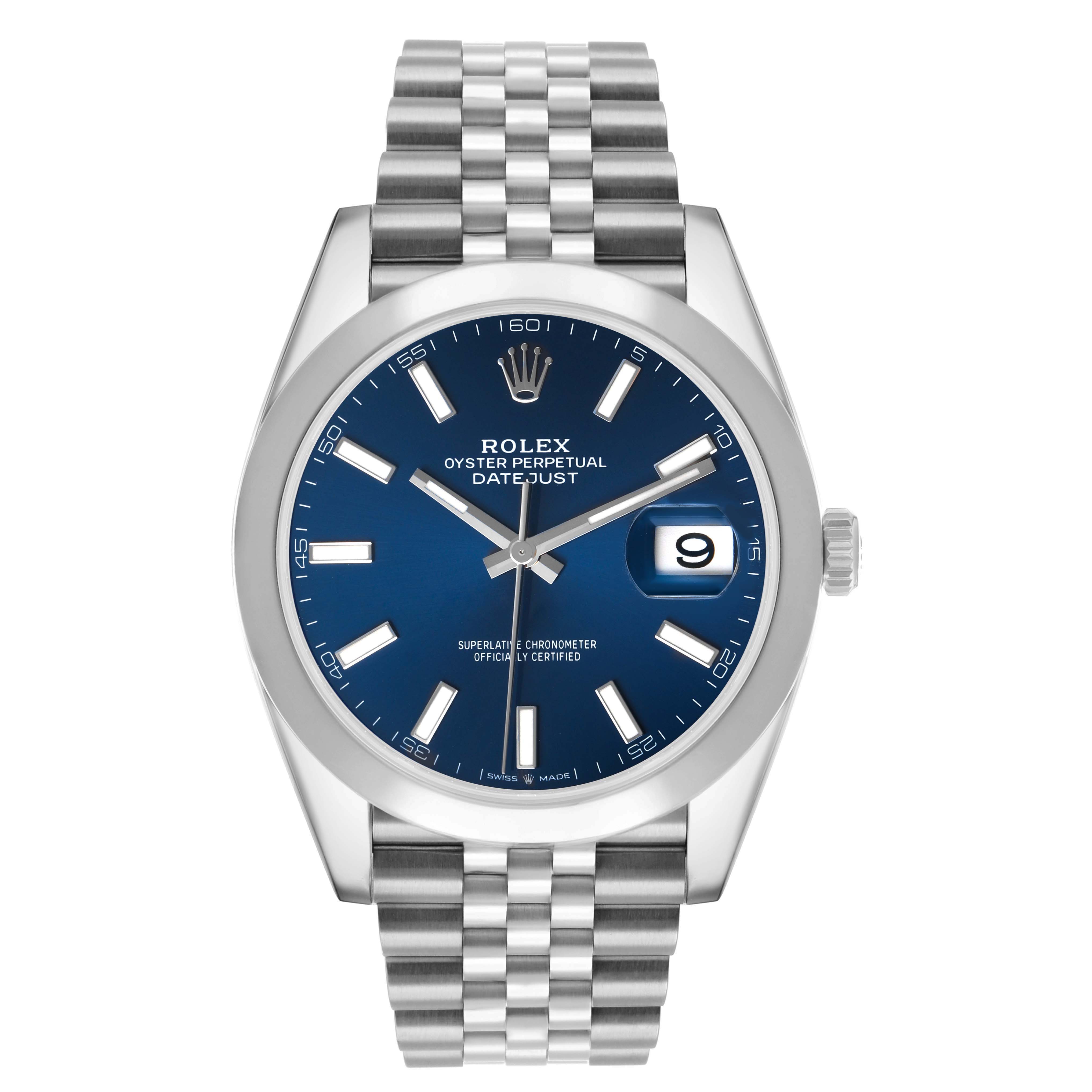 The Rolex Datejust 41 126300 Men's Stainless Steel Blue Dial is shown from a front angle, displaying the face, dial, bezel, and bracelet.