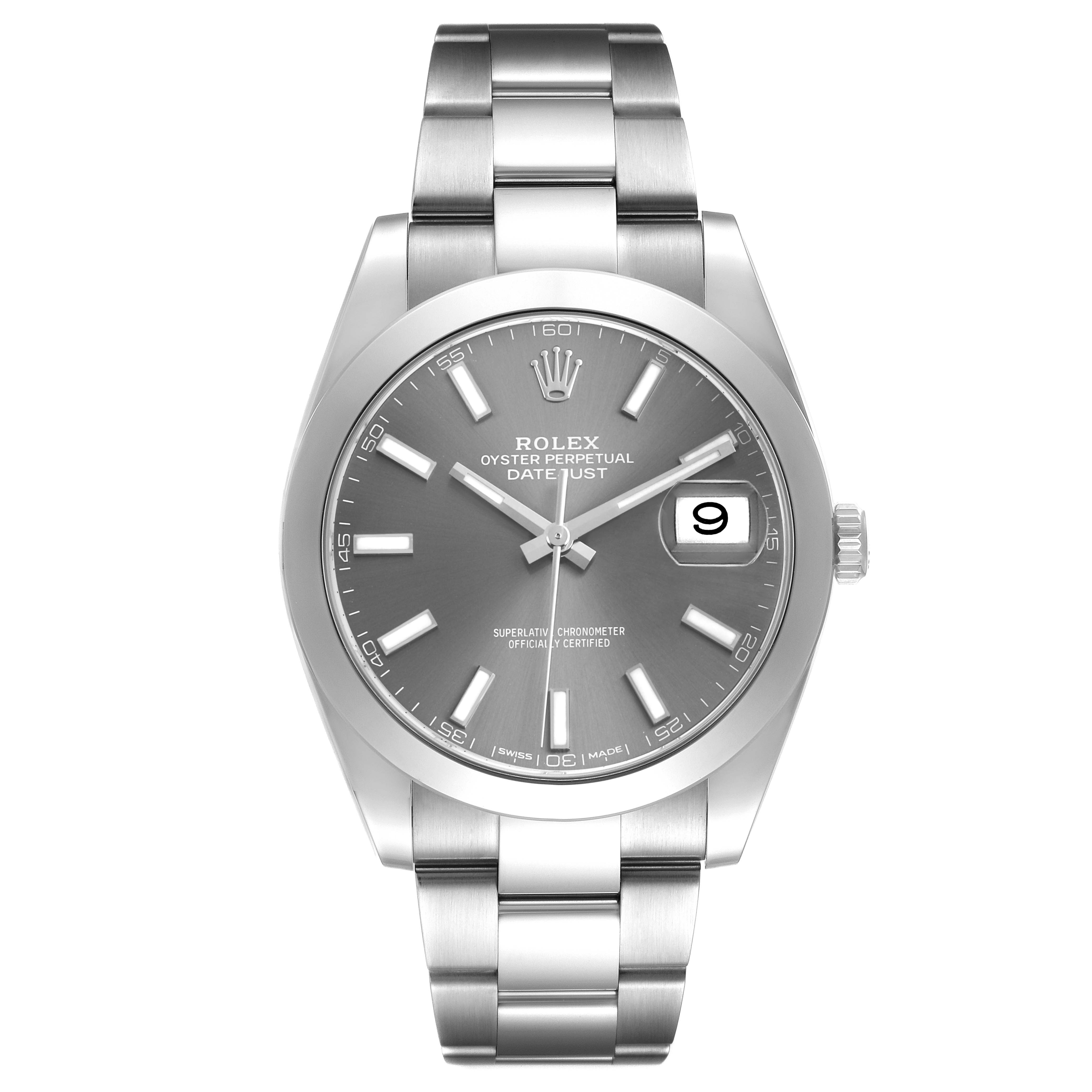 The Rolex Datejust 126300 Men's Stainless Steel Grey Dial watch is shown from a front angle, featuring its bracelet, bezel, dial, hands, and date window.