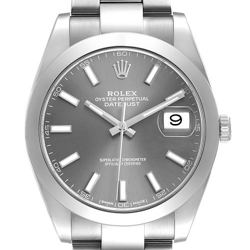 The Rolex Datejust 126300 Men's Stainless Steel Grey Dial is shown from a top-down angle, highlighting the dial, bezel, bracelet, and crown.