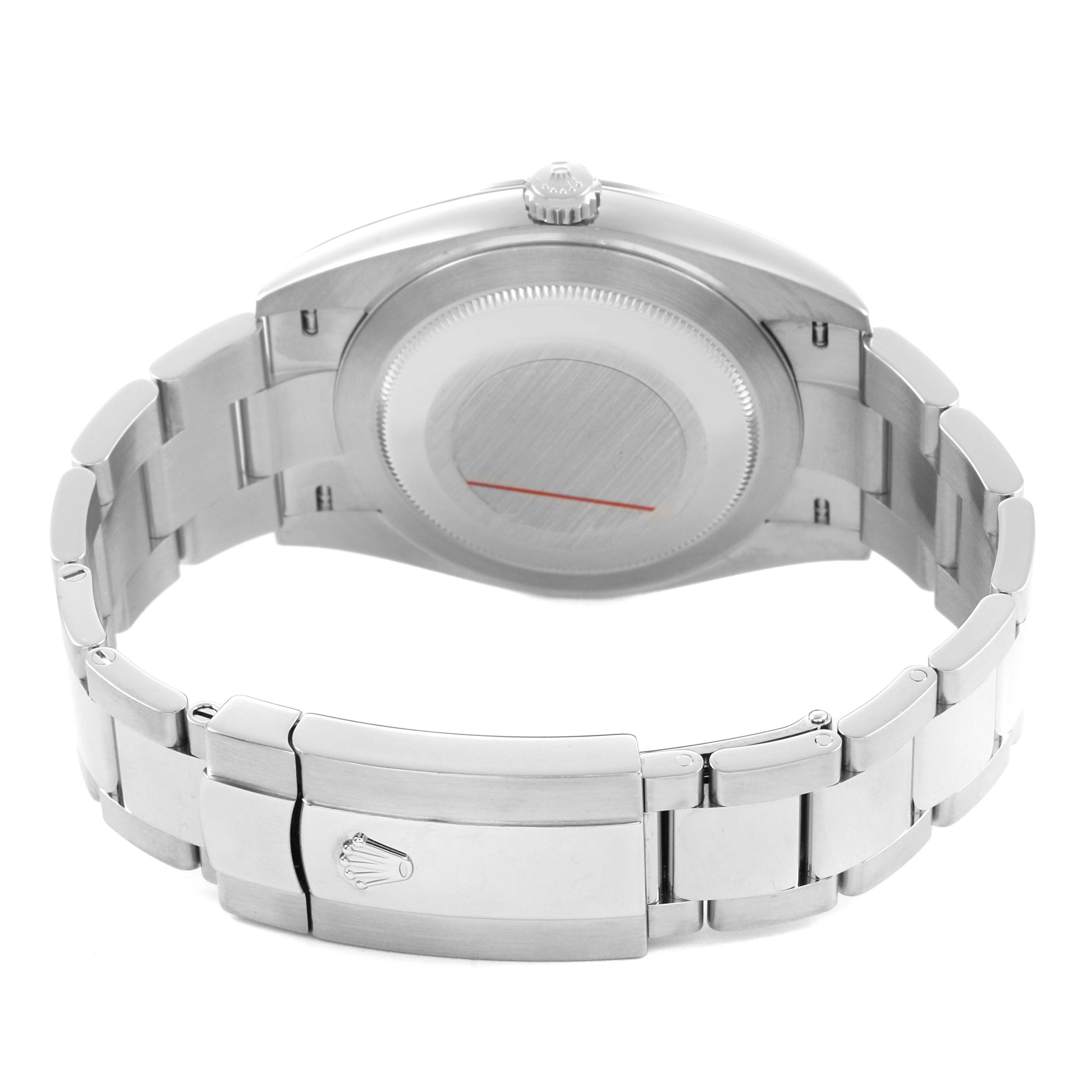 The image shows the back of a Rolex Datejust 126300 Men's Stainless Steel Grey Dial watch, highlighting its bracelet and clasp with the brand logo.