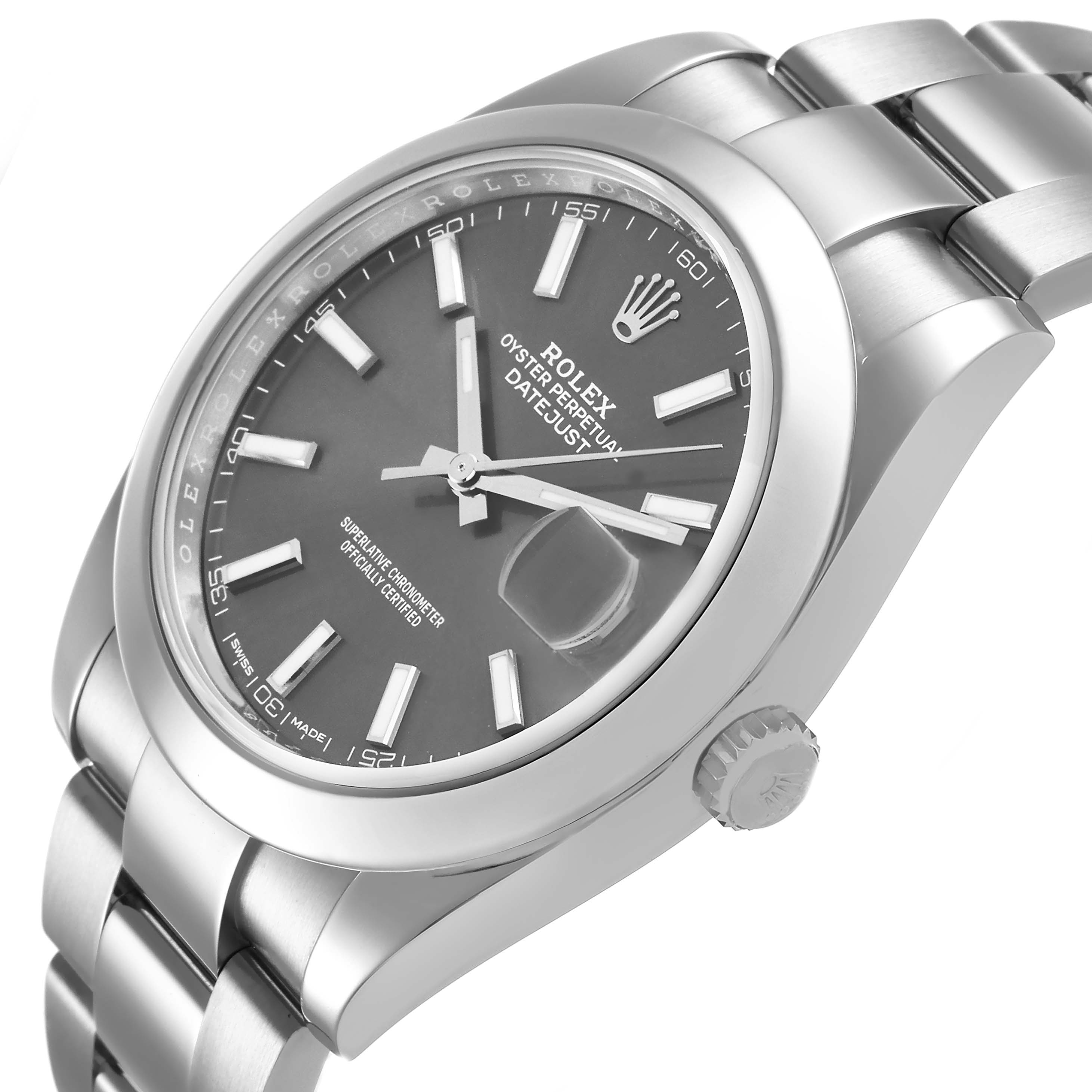 The Rolex Datejust 126300 Men's Stainless Steel Grey Dial watch is shown at a three-quarter angle, highlighting the dial, crown, bezel, and part of the bracelet.