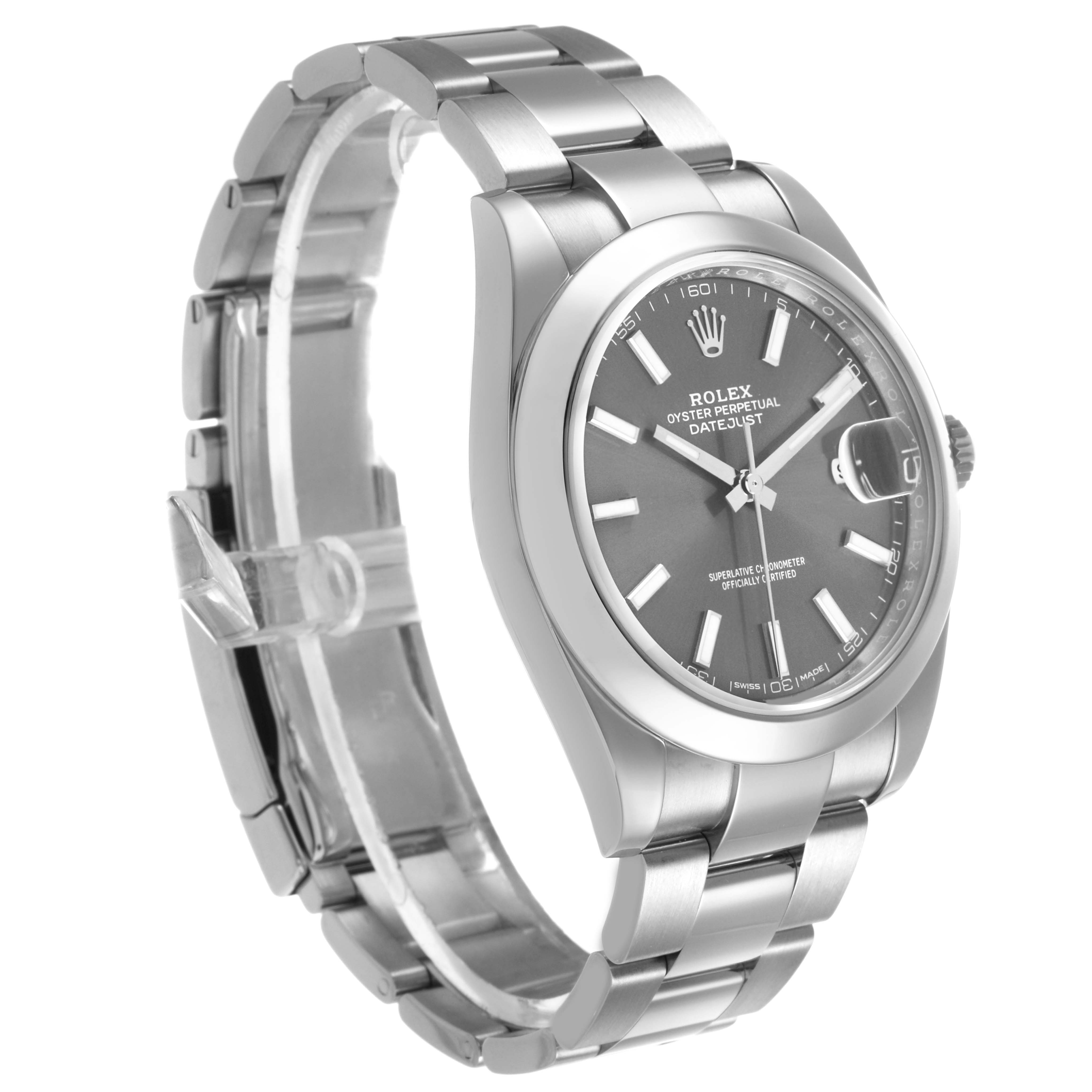 The Rolex Datejust 126300 Men's Stainless Steel Grey Dial watch is shown at an angled side view, highlighting its bracelet, case, and dial.