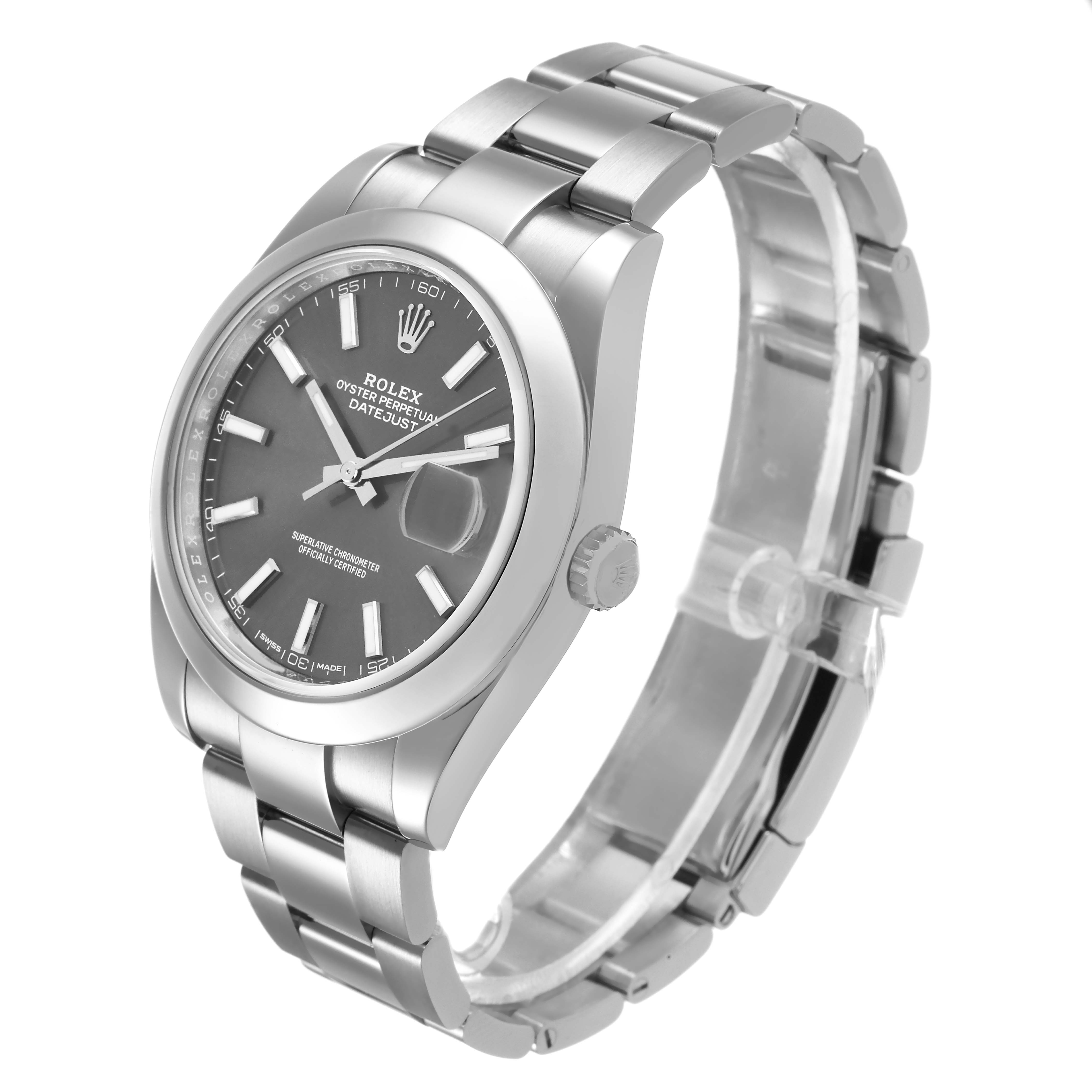 The Rolex Datejust 126300 Men's Stainless Steel Grey Dial watch is shown at a three-quarter angle, highlighting the face, bezel, crown, and bracelet.
