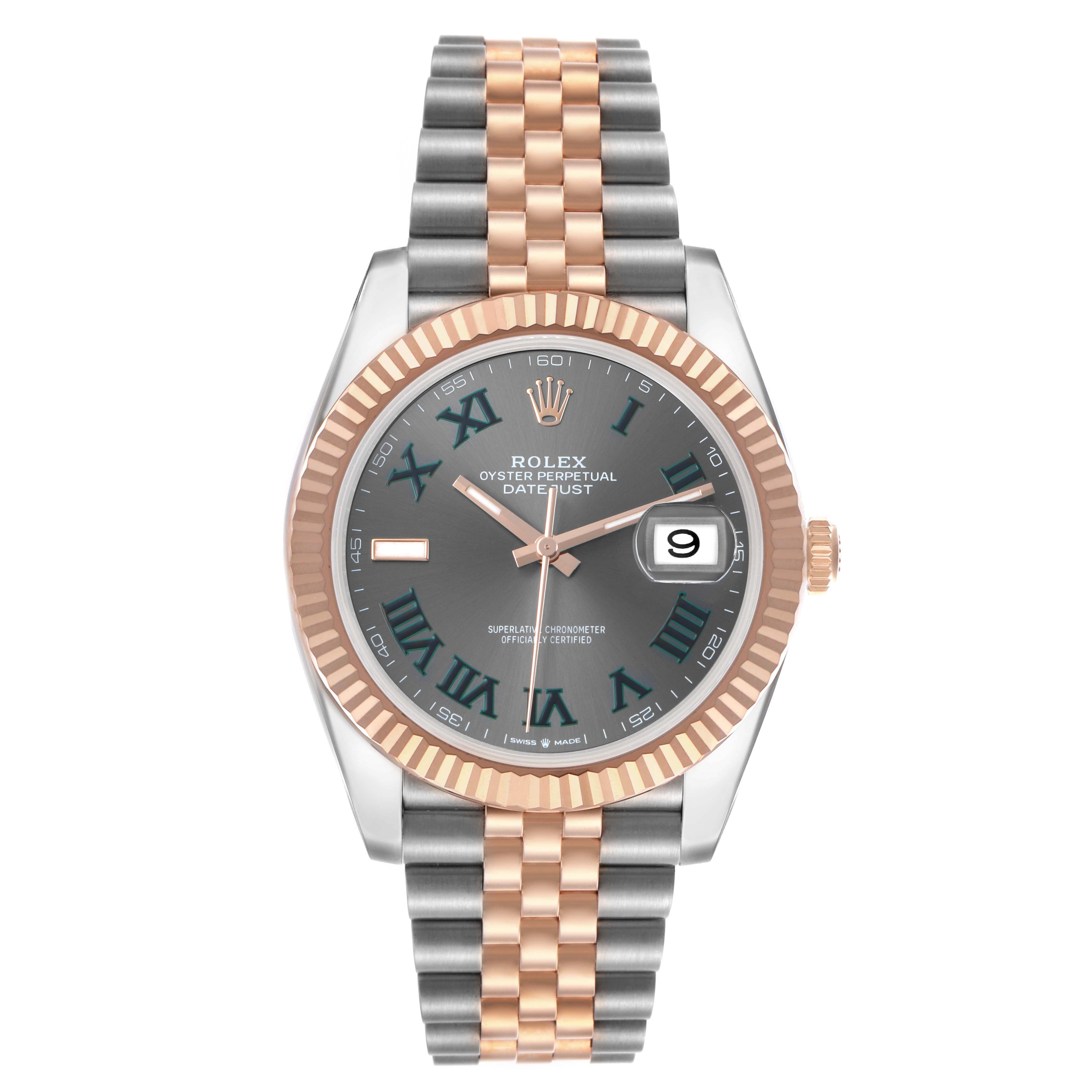 The Rolex Datejust 41 126331 Men's Stainless Steel Grey Dial is shown from a top-down angle, highlighting the face, bezel, and two-tone bracelet.