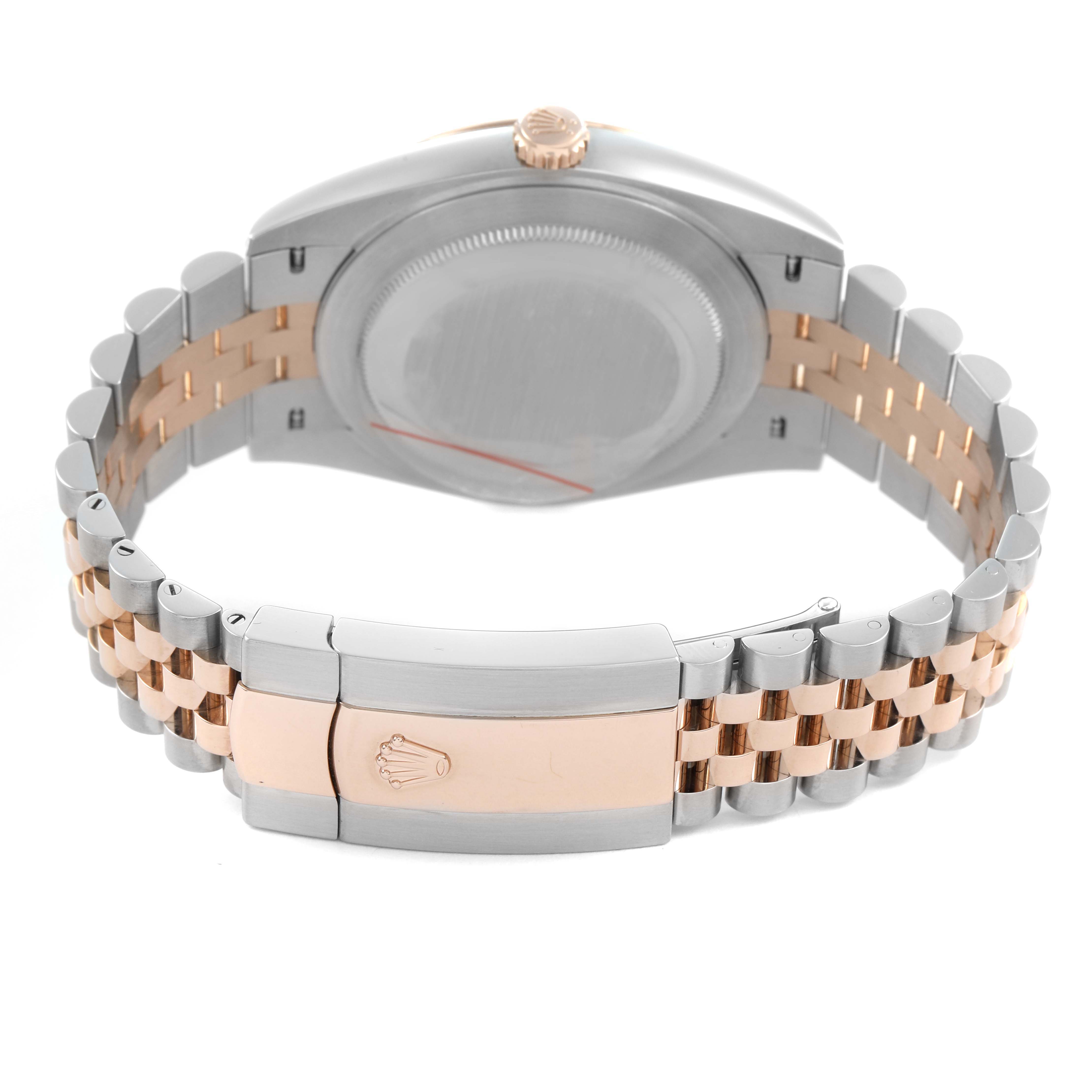 The image shows the back and bracelet of the Rolex Datejust 41 126331 Men's Stainless Steel Grey Dial, highlighting the crown and clasp.