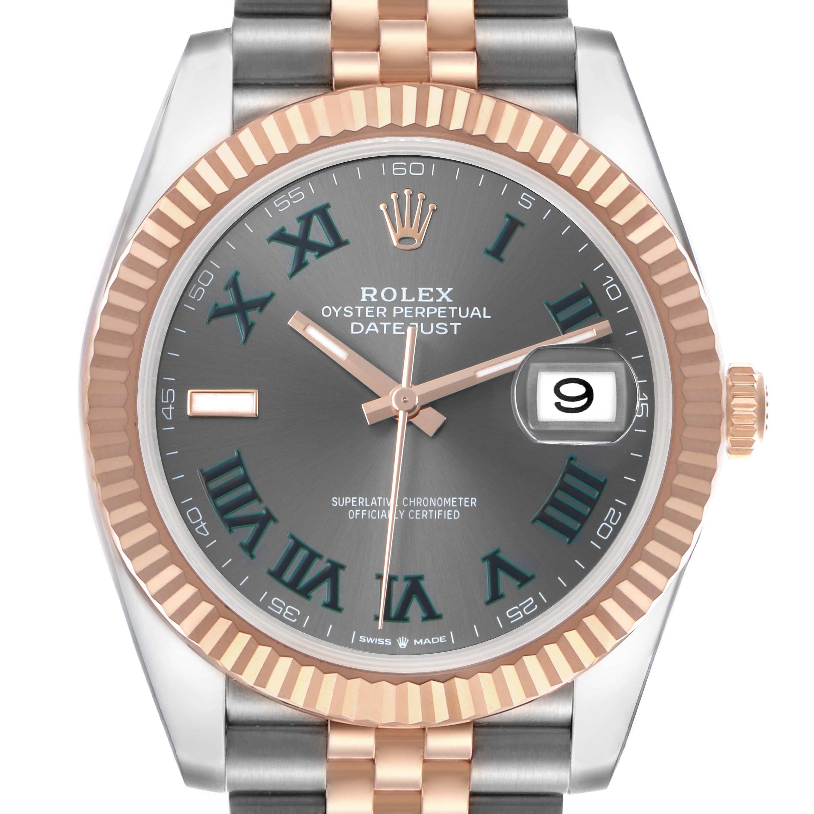 The image shows a frontal view of a Rolex Datejust 41 126331 Men's Stainless Steel Grey Dial, highlighting the bezel, dial, hands, date window, and part of the bracelet.