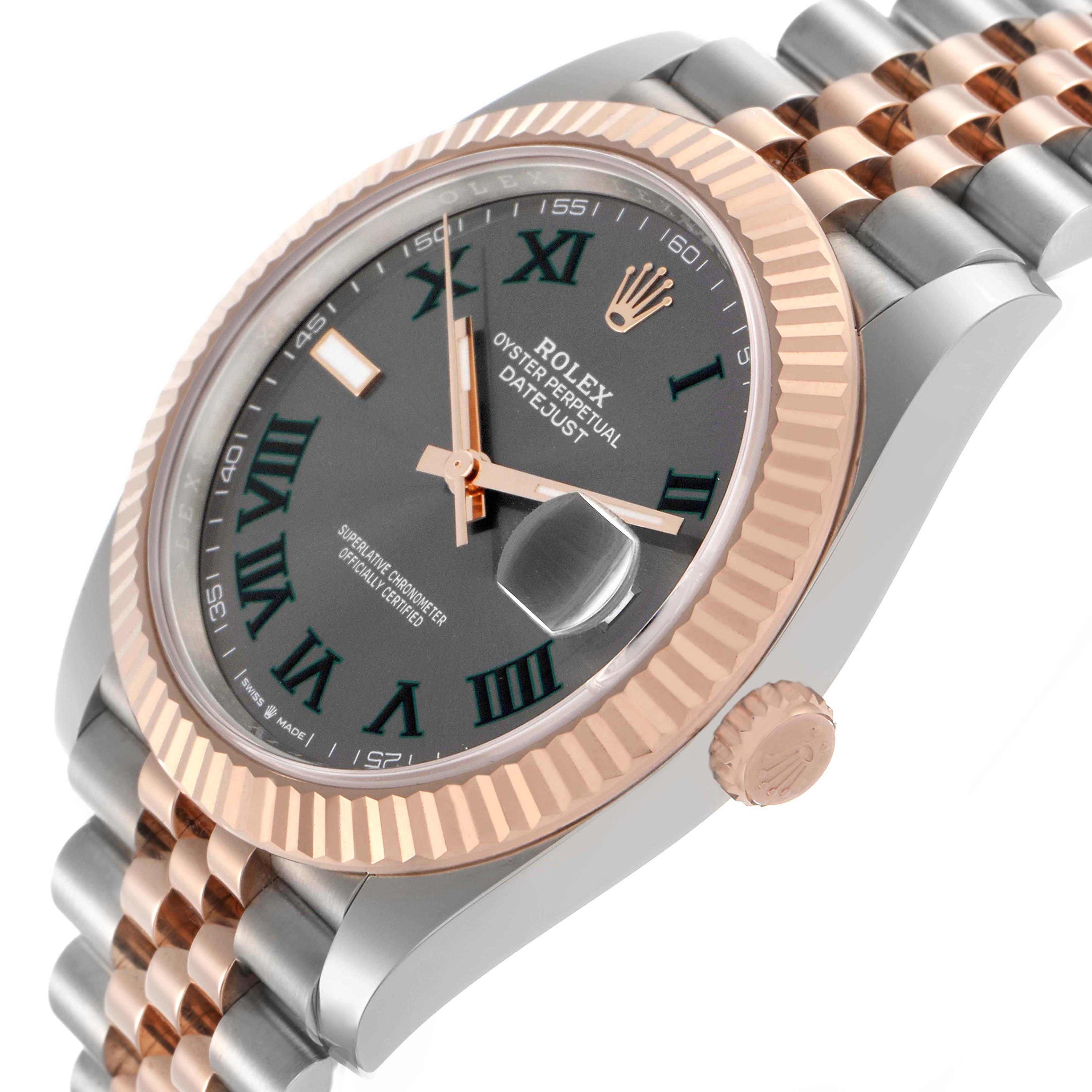 The Rolex Datejust 41 126331 Men's Stainless Steel Grey Dial is shown from a side angle, highlighting its fluted bezel, crown, and Jubilee bracelet.