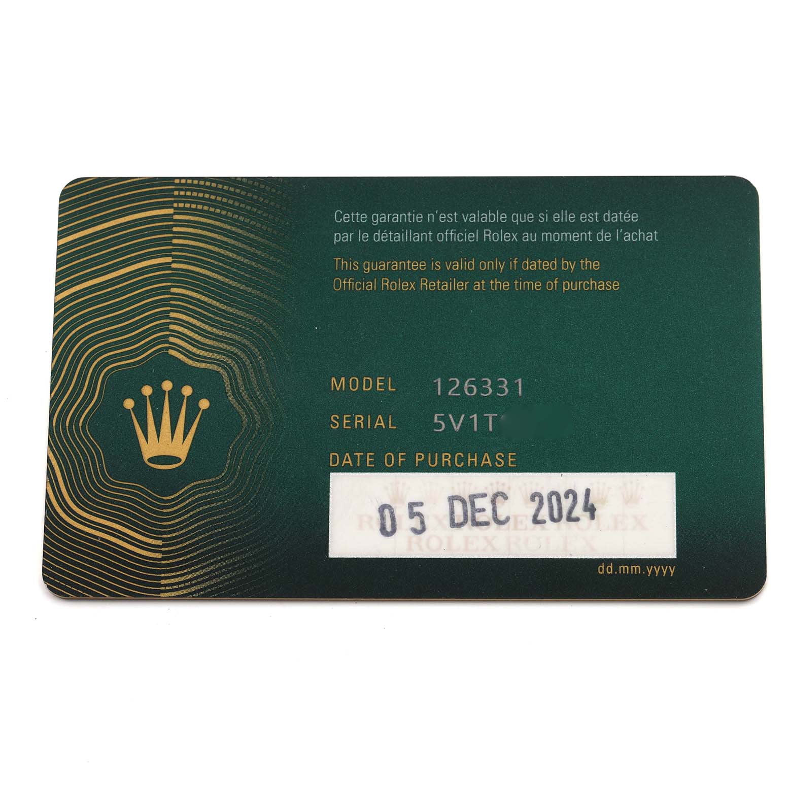 The image shows a warranty card for a Rolex Datejust 41 126331 Men's Stainless Steel Grey Dial, including model and serial numbers.