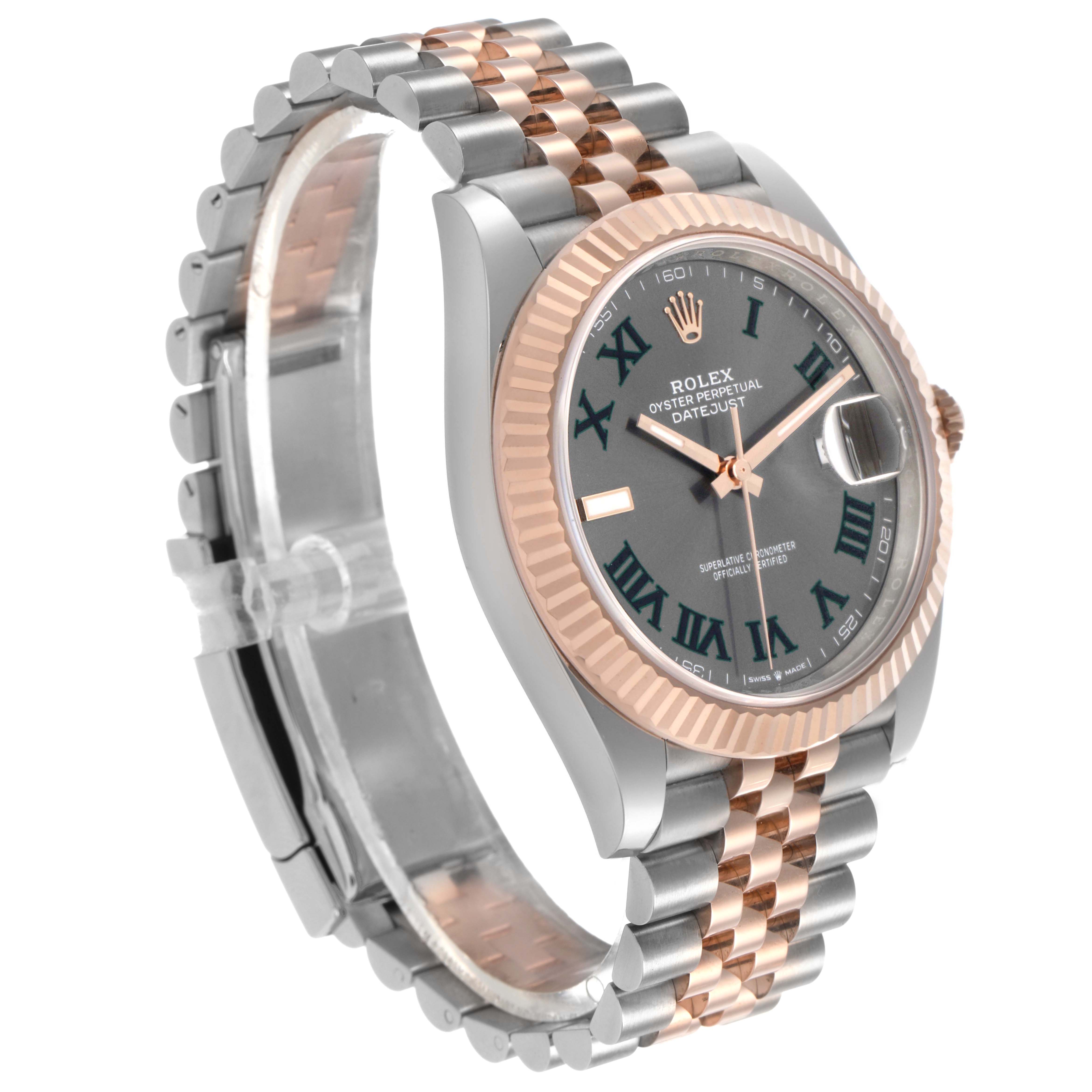 The Rolex Datejust 41 126331 Men's Stainless Steel Grey Dial is shown at a three-quarter angle highlighting the bezel, dial, and bracelet.