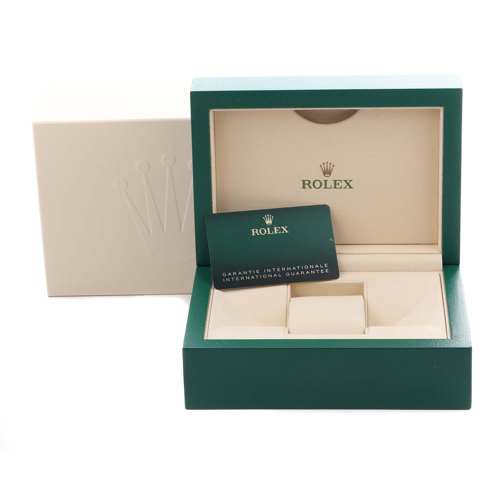 The image shows the packaging for a Rolex Datejust 41 126331 Men's Stainless Steel Grey Dial, featuring an open green box with a guarantee card inside.