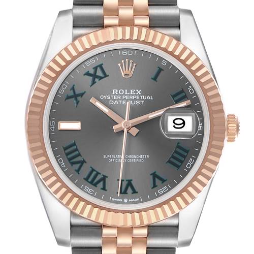 The Rolex Datejust 41 126331 Men's Stainless Steel Grey Dial is shown from a front angle, highlighting its dial, bezel, and part of the bracelet.
