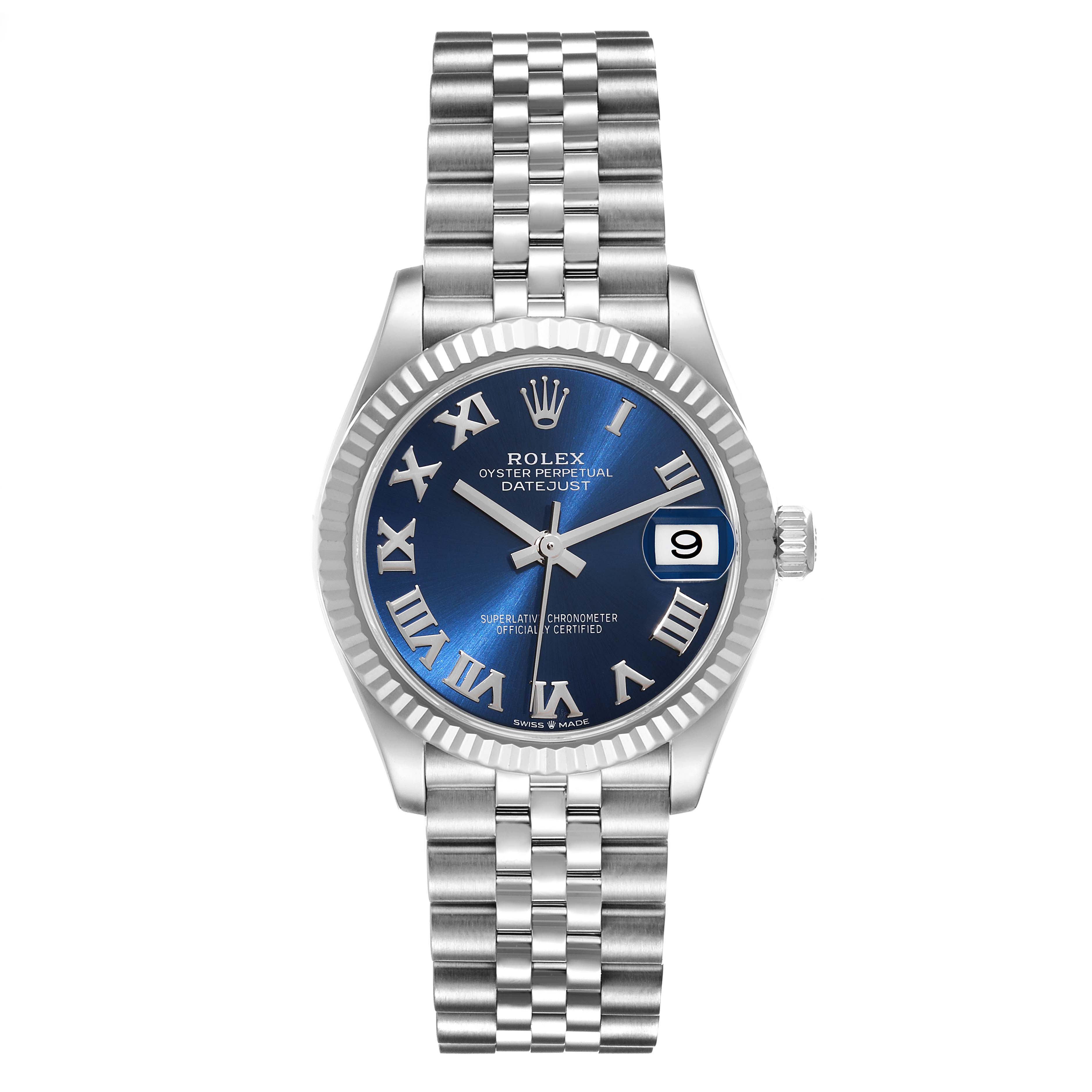 The image shows a front view of a Rolex Oyster Perpetual Datejust Mid-Size watch with a blue dial and metal bracelet.