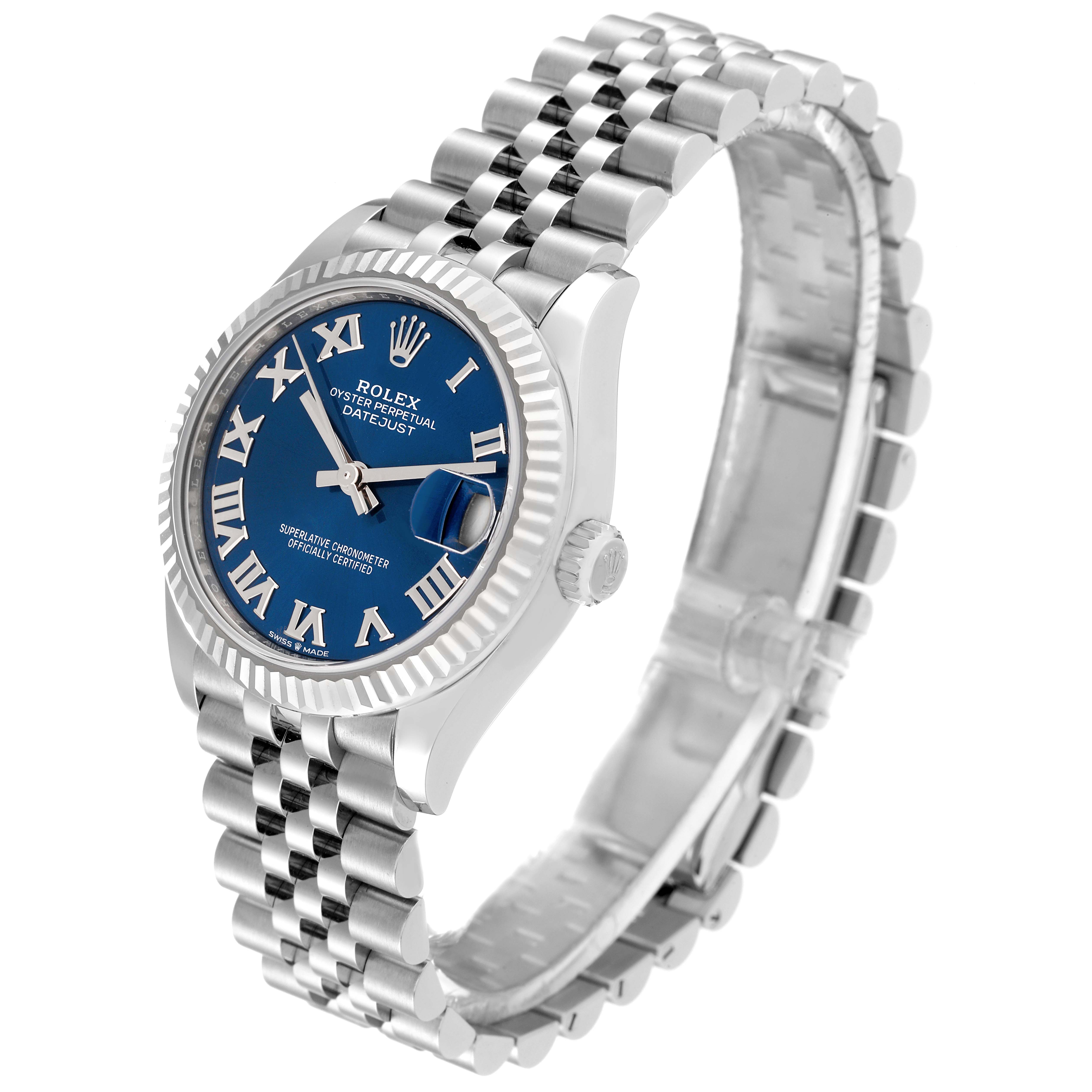 The Rolex Mid-Size 278274 Women
s Stainless Steel Blue Dial 278274 Women
s Stainless Steel Blue Dial watch is shown at an angle highlighting its blue dial, Roman numerals, fluted bezel, and Jubilee bracelet.