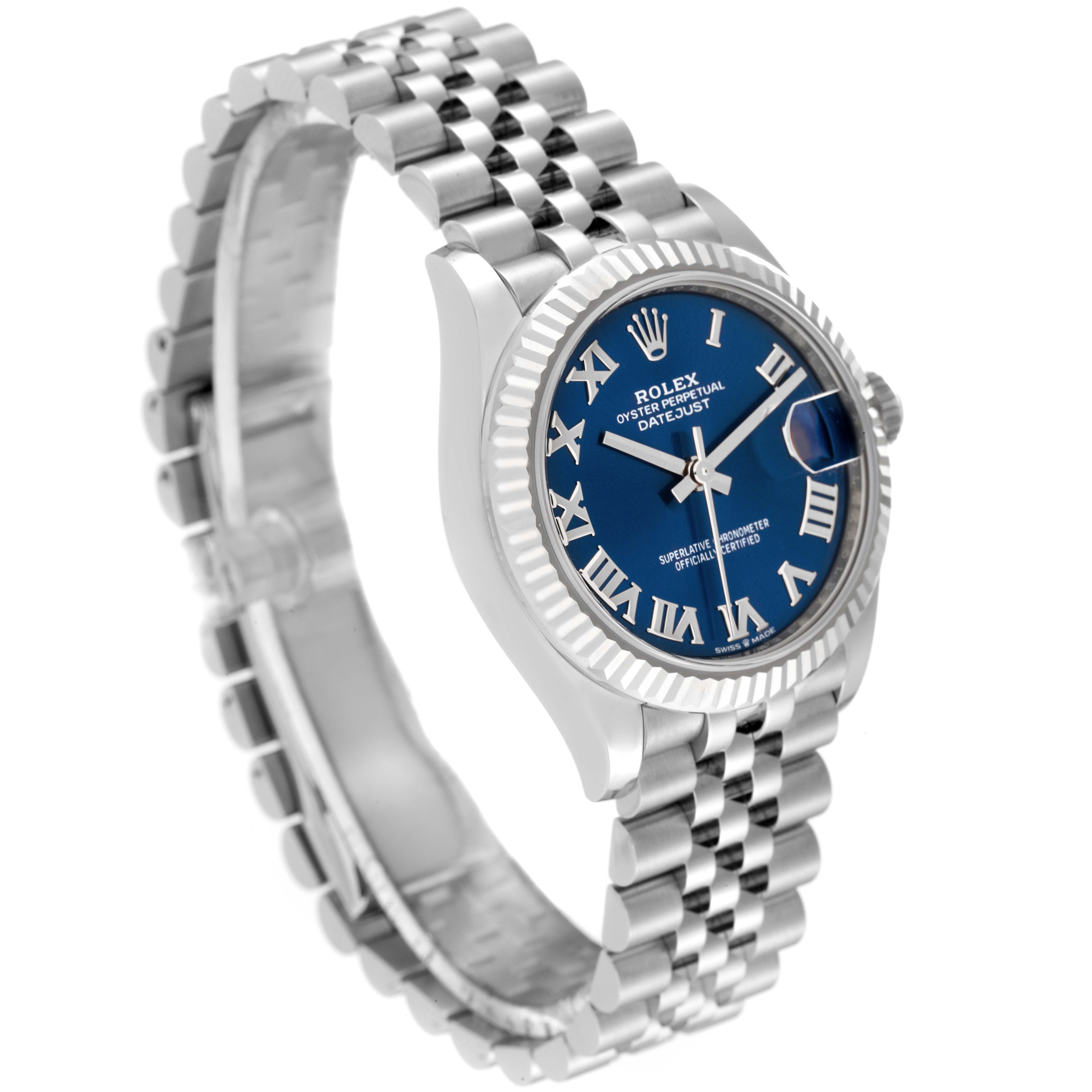 The image shows a side angle view of a Rolex Mid-Size 278274 Women
s Stainless Steel Blue Dial 278274 Women
s Stainless Steel Blue Dial Datejust watch, highlighting the bracelet, blue dial, and fluted bezel.