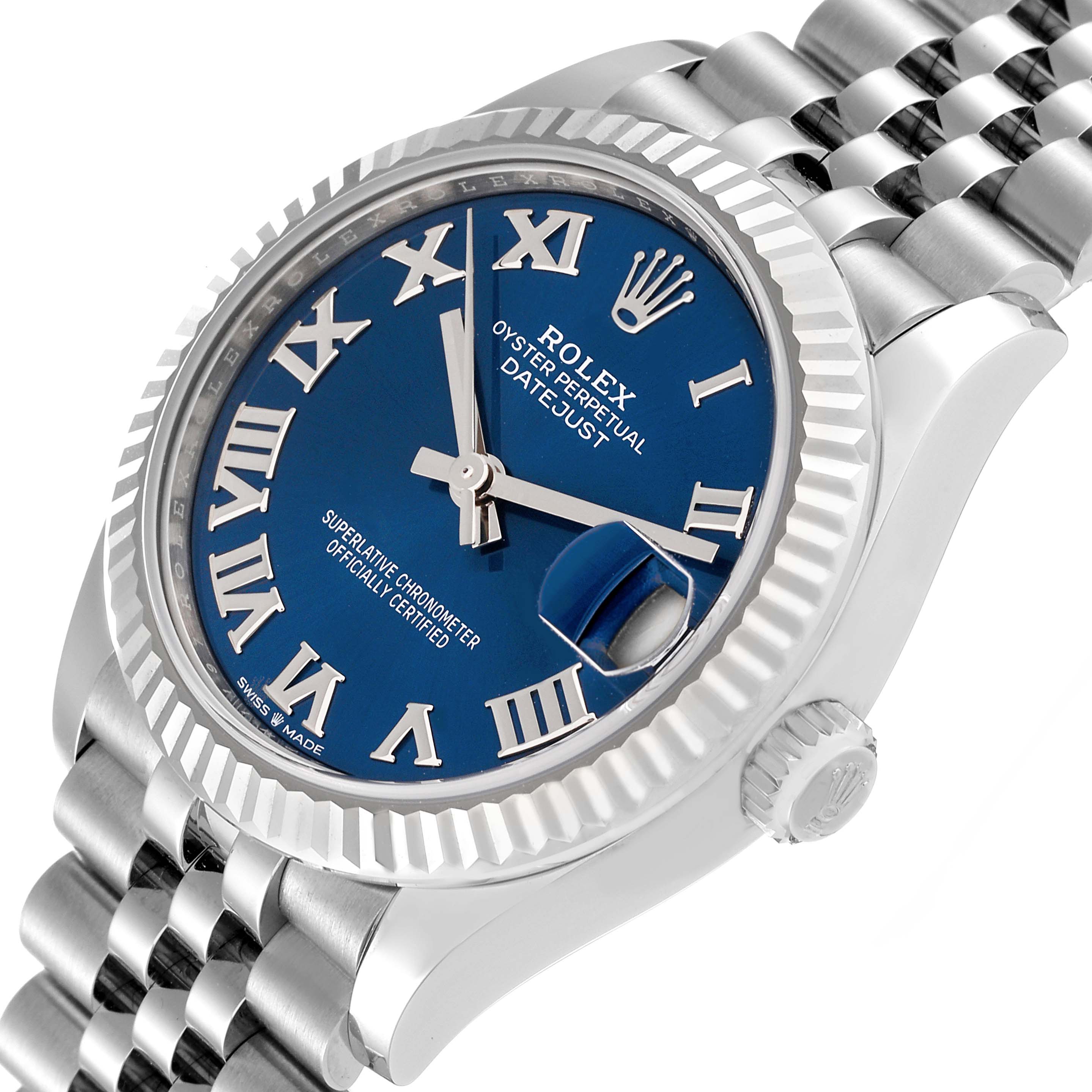 The image shows a Rolex Mid-Size 278274 Women
s Stainless Steel Blue Dial 278274 Women
s Stainless Steel Blue Dial Oyster Perpetual Datejust watch at a slight angle, highlighting the blue dial, bezel, and part of the bracelet.