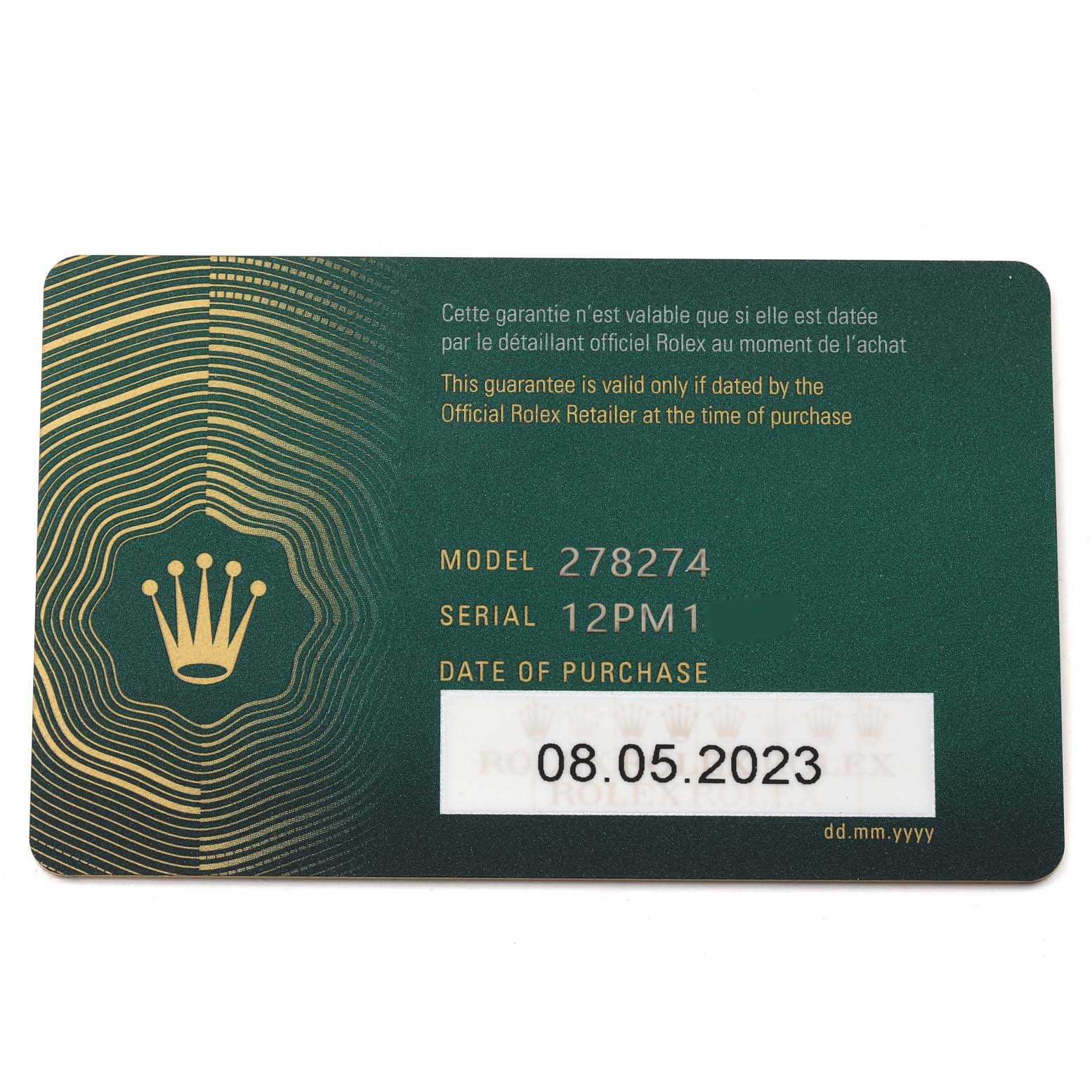 This image shows the warranty card for the Rolex Mid-Size 278274 Women
s Stainless Steel Blue Dial 278274 Women
s Stainless Steel Blue Dial model 278274.