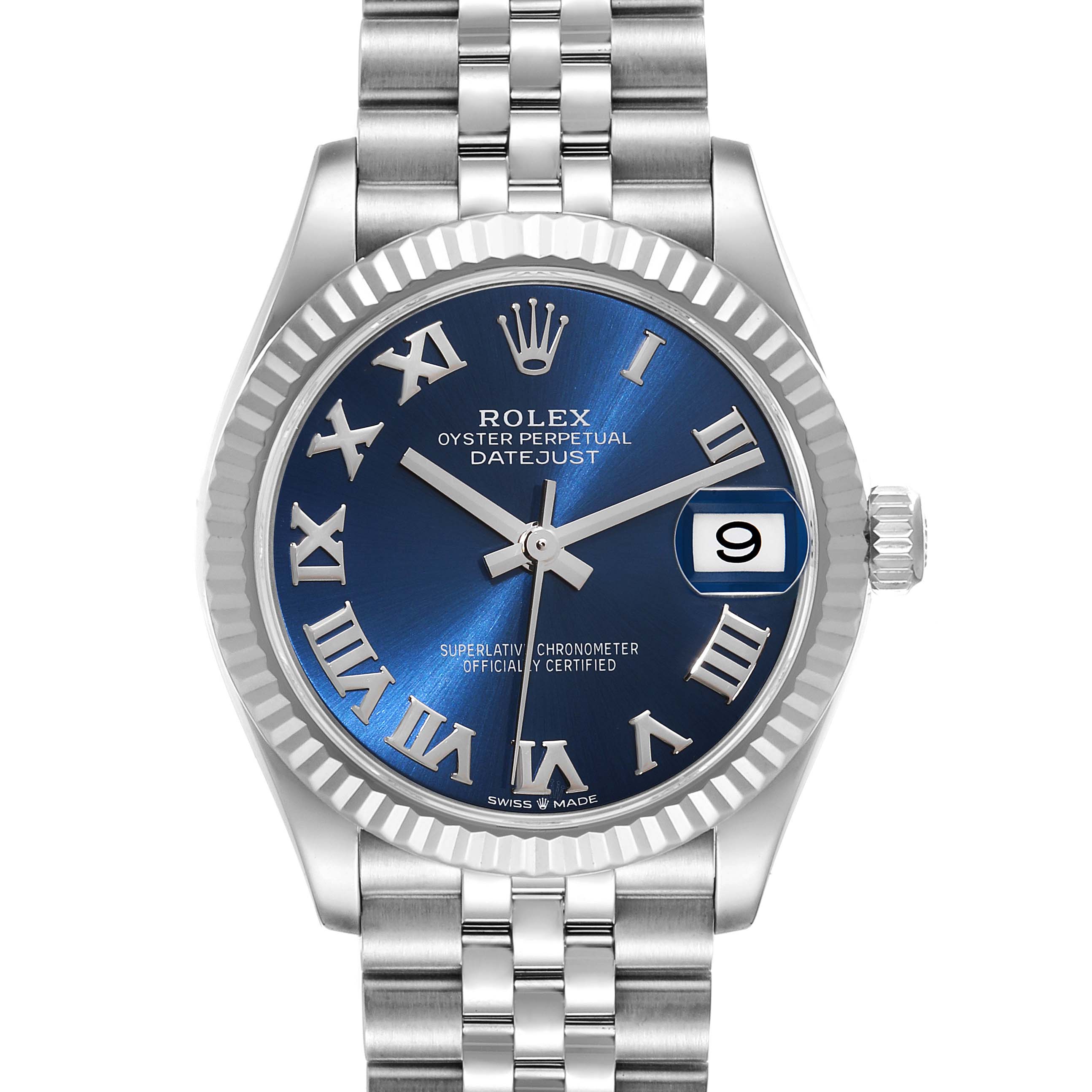 This image shows a frontal view of a Rolex Oyster Perpetual Datejust Mid-Size watch, highlighting its blue dial, Roman numerals, and date window.