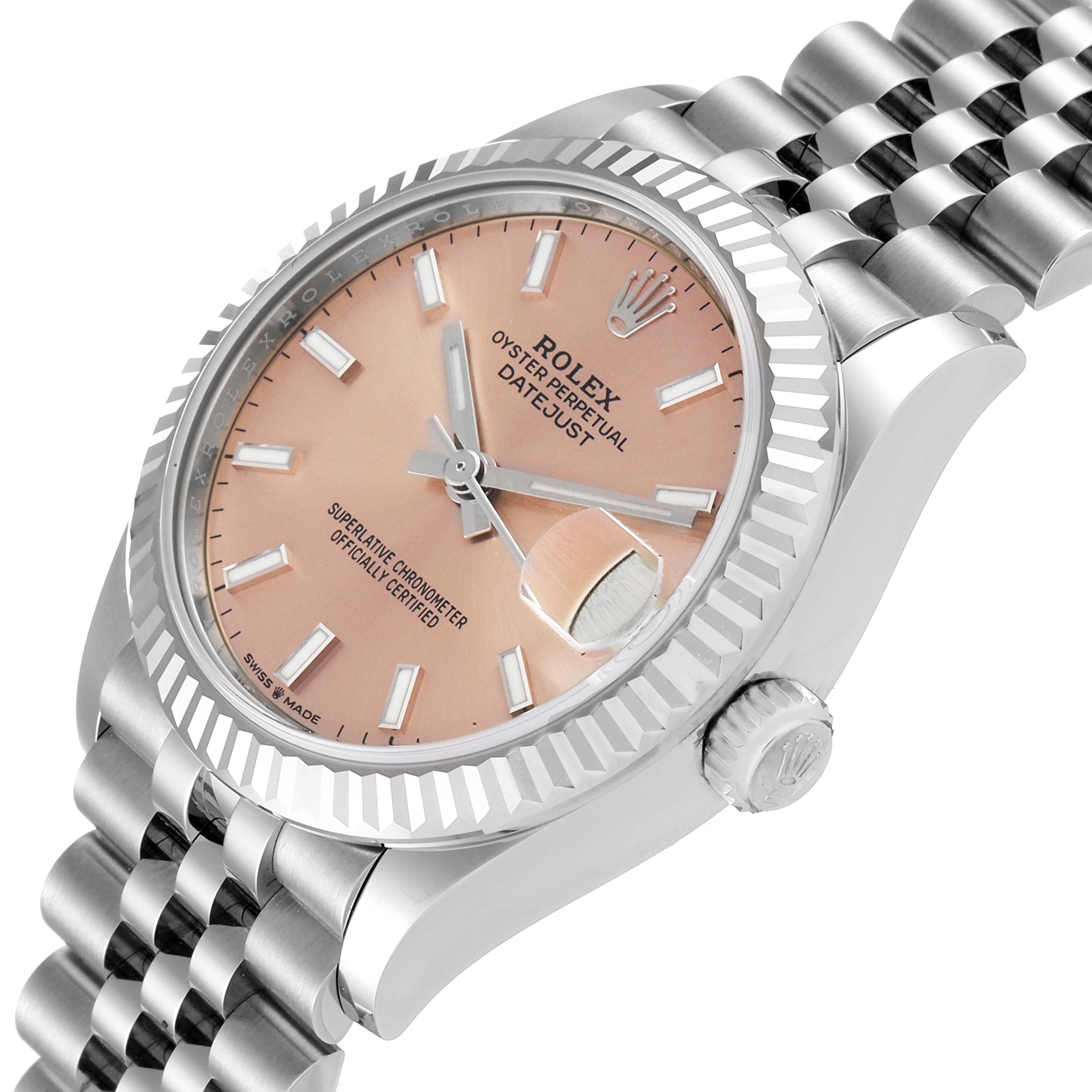 The Rolex Mid-Size 278274 Women
s Stainless Steel Pink Dial 278274 Women
s Stainless Steel Pink Dial Oyster Perpetual Datejust watch is shown at an angle, highlighting the face, bezel, and part of the bracelet.