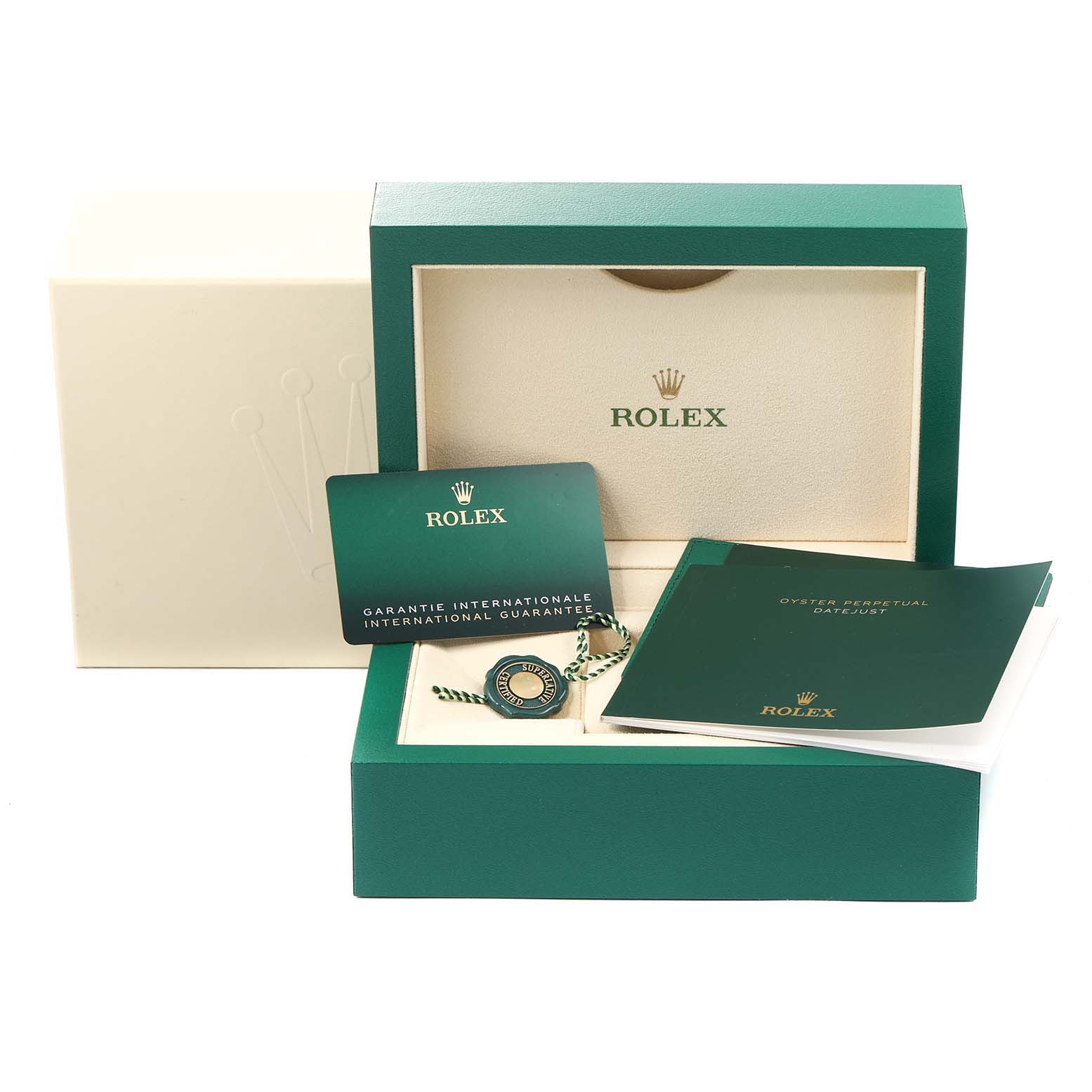 The image shows a Rolex Mid-Size 278274 Women
s Stainless Steel Pink Dial 278274 Women
s Stainless Steel Pink Dial watch box, warranty card, booklet, and hang tag from a frontal angle.
