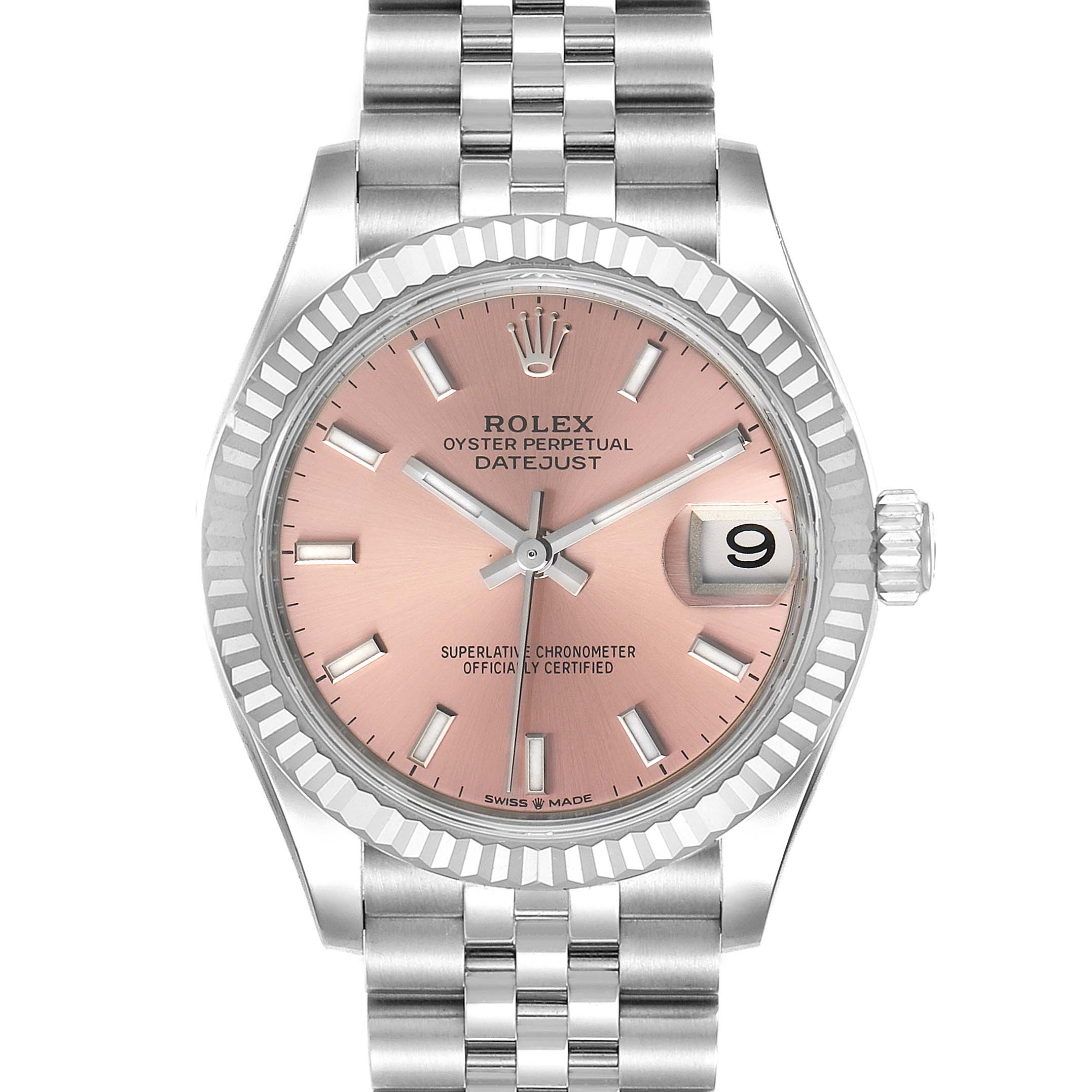 This is a front view of a Rolex Oyster Perpetual Datejust Mid-Size watch with a pink dial and stainless steel bracelet.