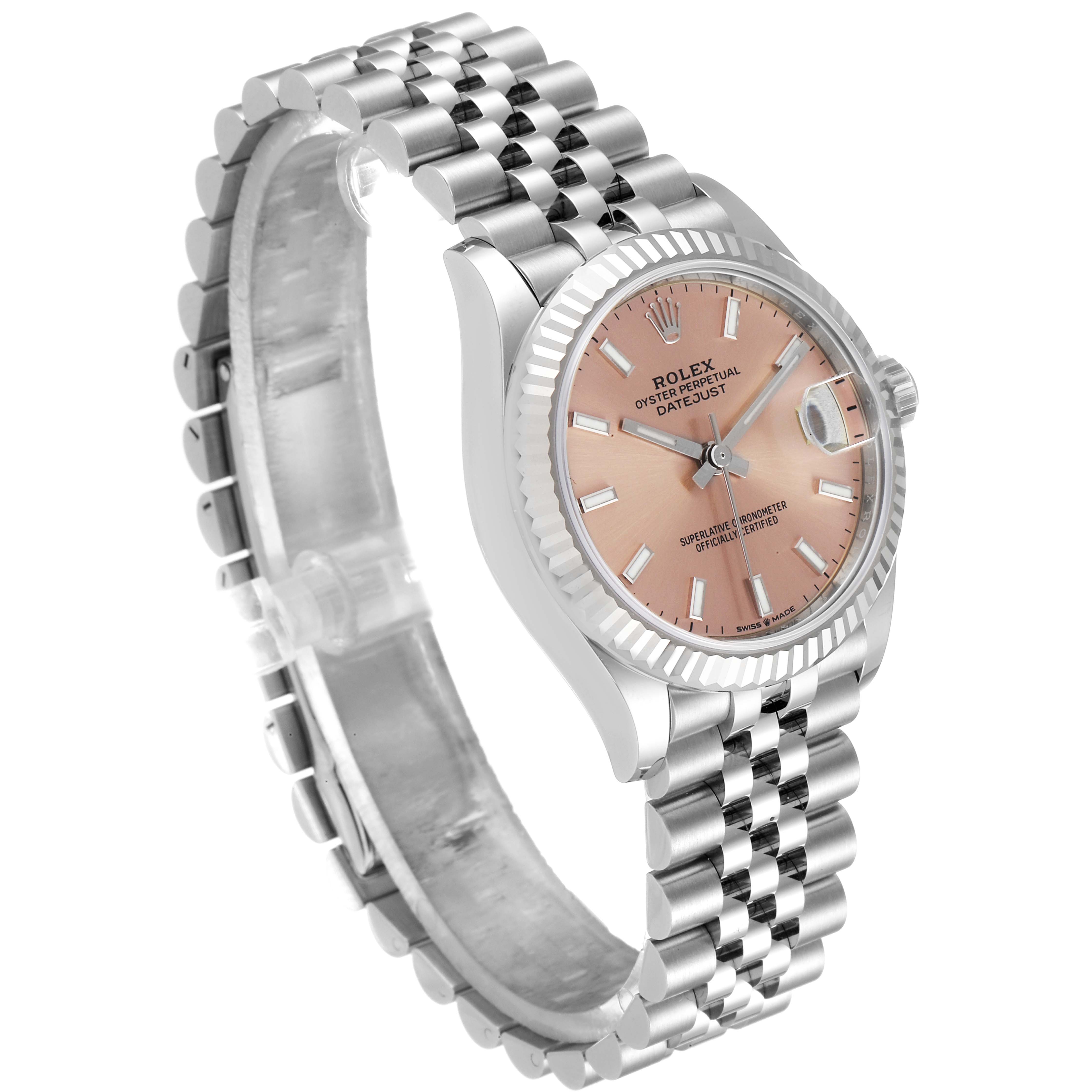 The image shows a Rolex Datejust Mid-Size watch at a three-quarter angle, displaying the face, bezel, and bracelet.