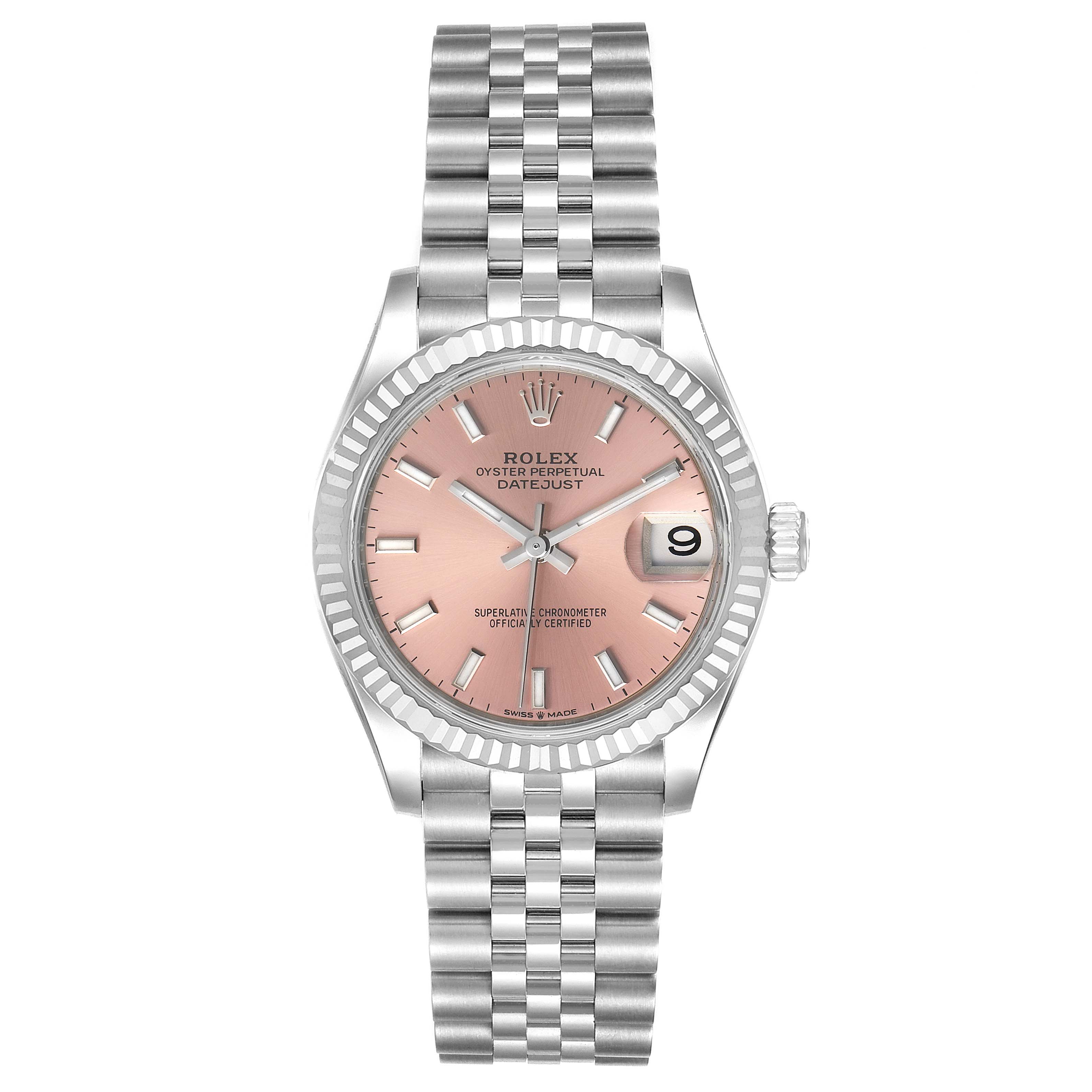 This Rolex Mid-Size 278274 Women
s Stainless Steel Pink Dial 278274 Women
s Stainless Steel Pink Dial Datejust watch is shown from a front angle, featuring a pink dial, date window, and jubilee bracelet.