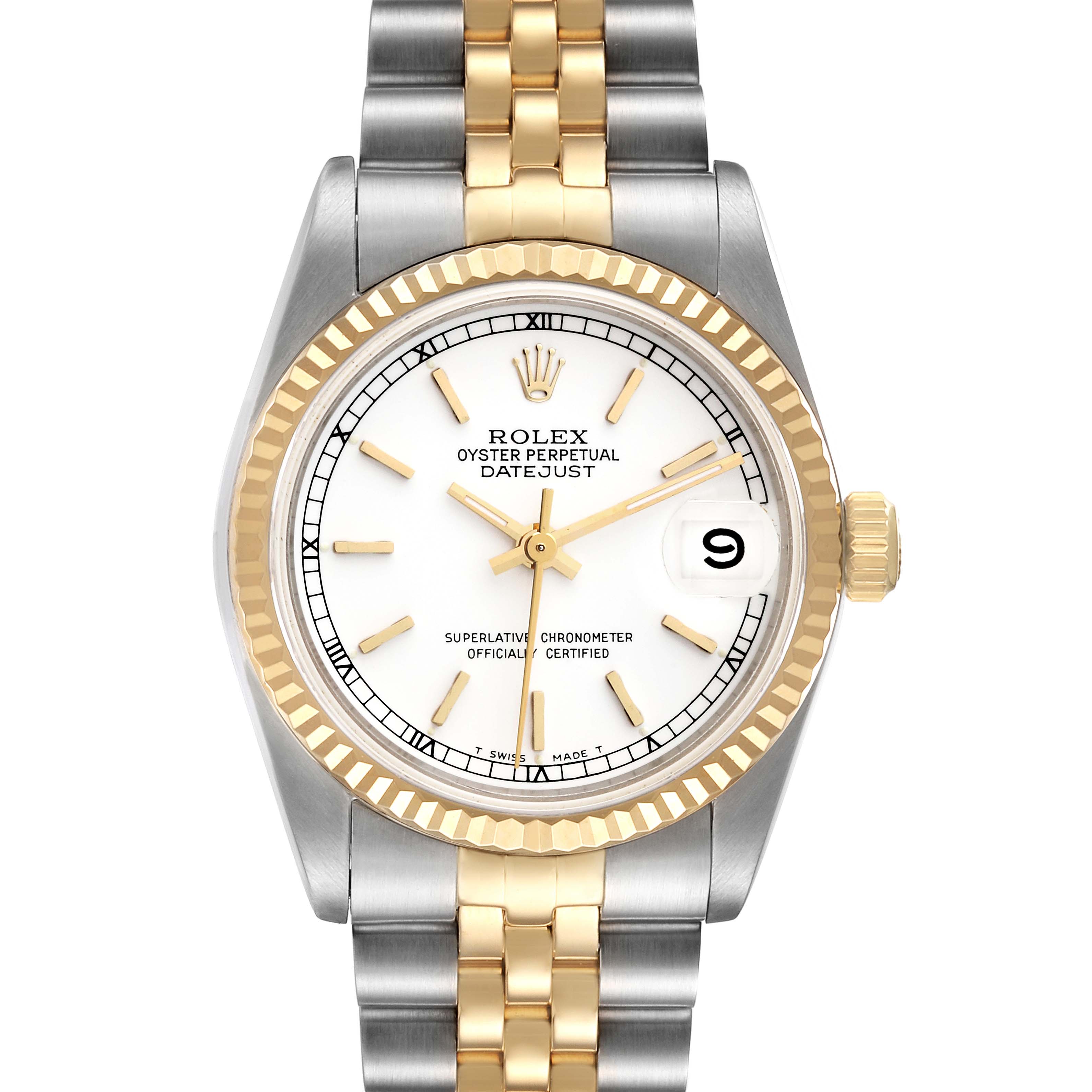 The image shows a front view of a Rolex Oyster Perpetual Datejust Mid-Size model, displaying the dial, bezel, and part of the bracelet.