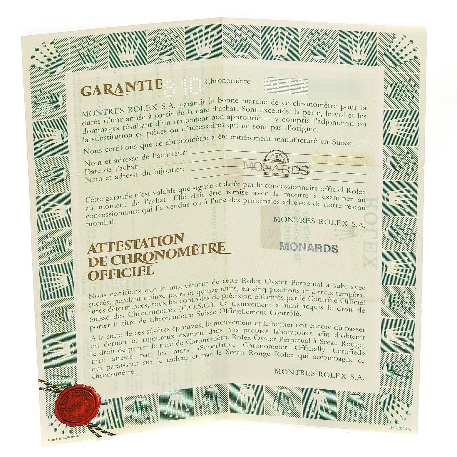 The image shows the warranty certificate for a Rolex Mid-Size 68273 Women's Steel and Gold (two tone) Champagne Dial 68273 Women's Steel and Gold (two tone) Champagne Dial model watch.