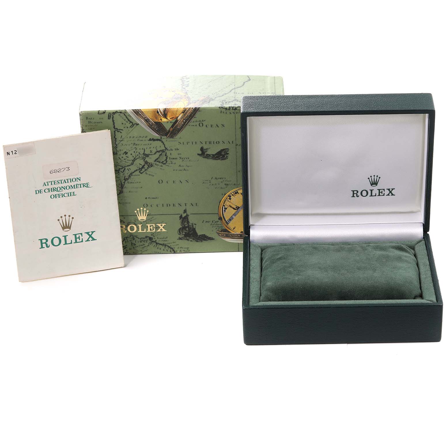 The image shows the packaging and certificate for a Mid-Size Rolex watch, featuring the green box, booklet, and outer map-themed box.