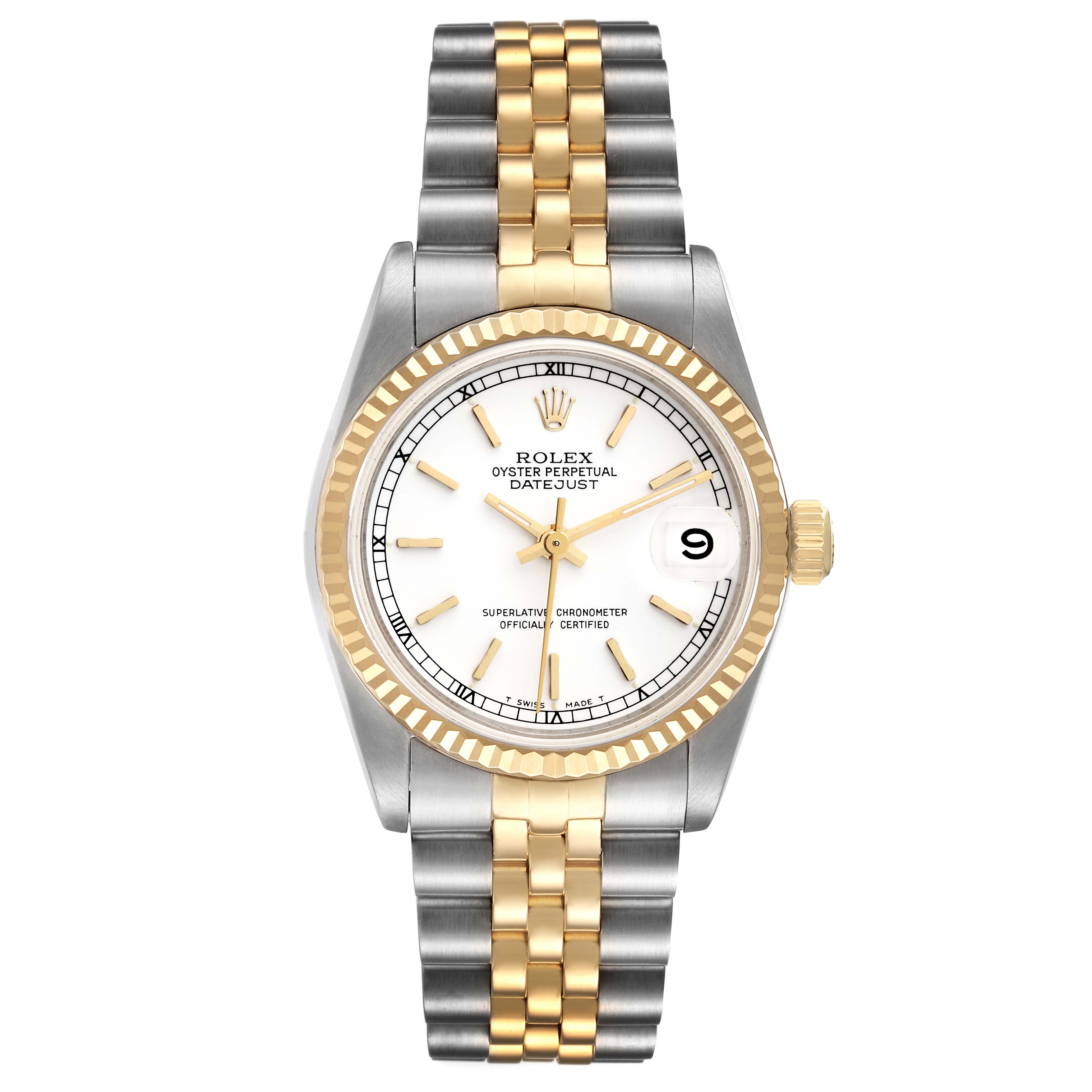 This image shows a front view of the Rolex Mid-Size 68273 Women's Steel and Gold (two tone) Champagne Dial 68273 Women's Steel and Gold (two tone) Champagne Dial Oyster Perpetual Datejust watch, highlighting its two-tone bracelet, white dial, and fluted bezel.