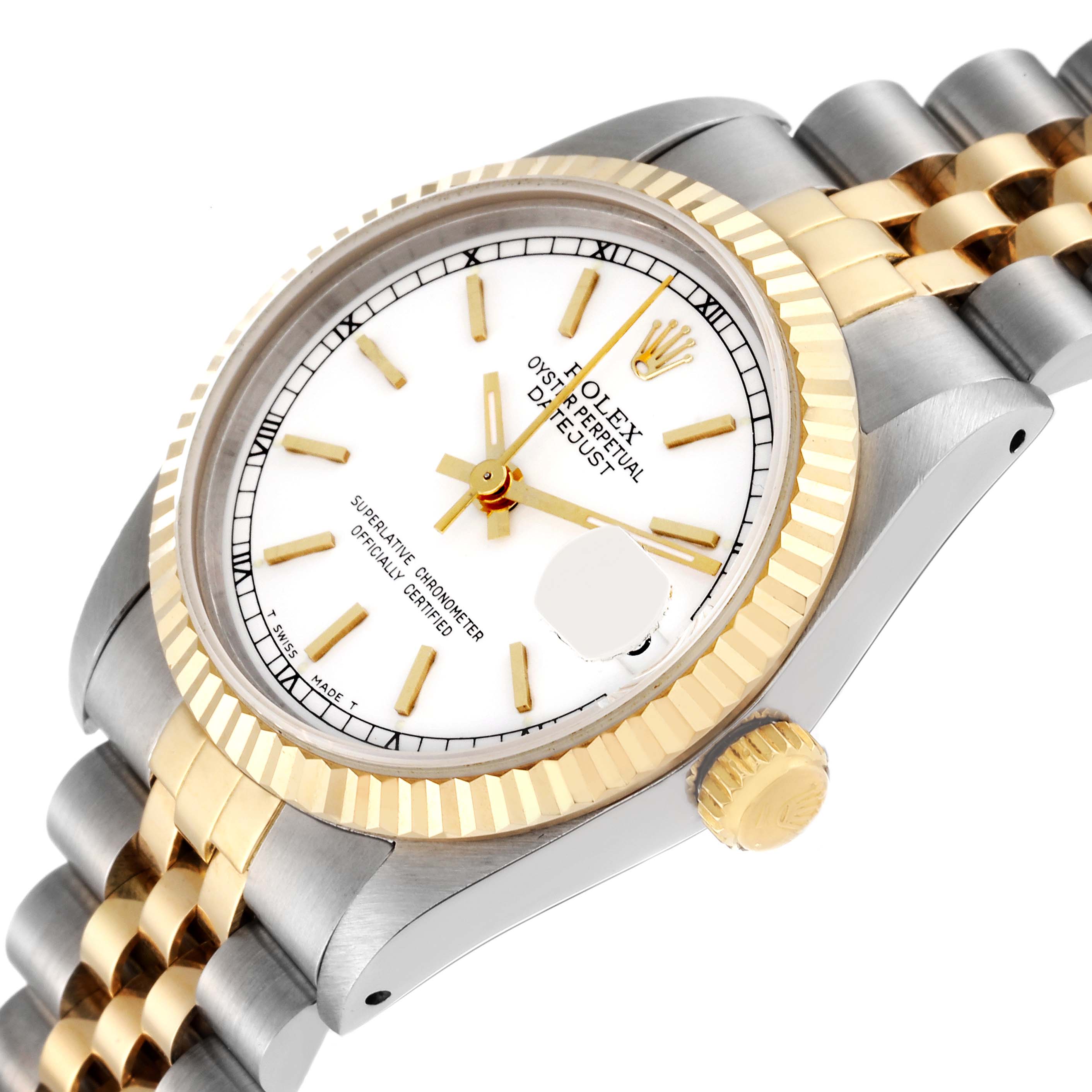 This image shows a close-up view of a Mid-Size Rolex watch, displaying the dial, bezel, crown, and part of the bracelet.