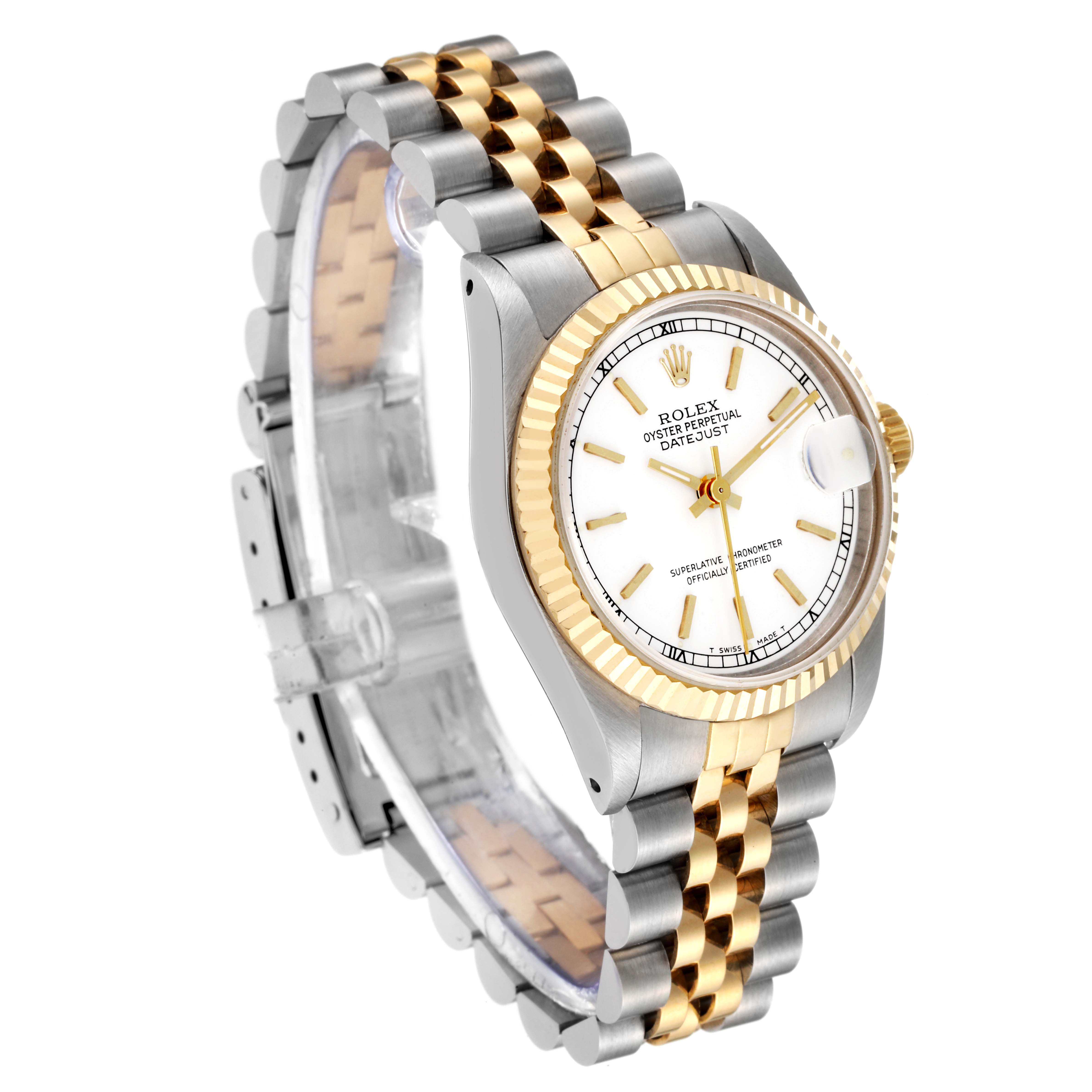The Rolex Mid-Size 68273 Women's Steel and Gold (two tone) Champagne Dial 68273 Women's Steel and Gold (two tone) Champagne Dial model watch is shown at a three-quarter angle, displaying the face, bezel, and bracelet.