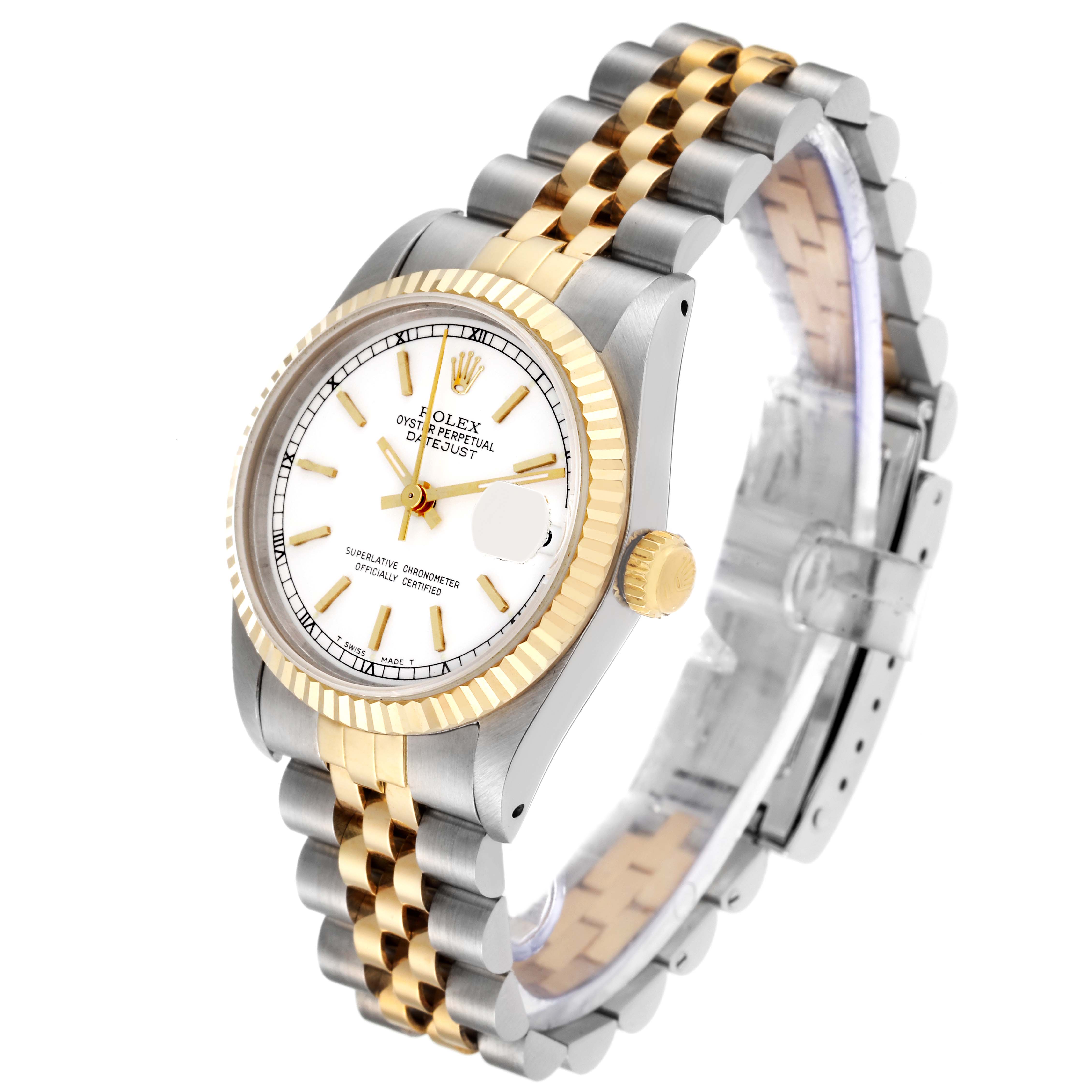 This image shows a Mid-Size Rolex watch from a three-quarter angle, highlighting its white dial, gold bezel, and two-tone bracelet.