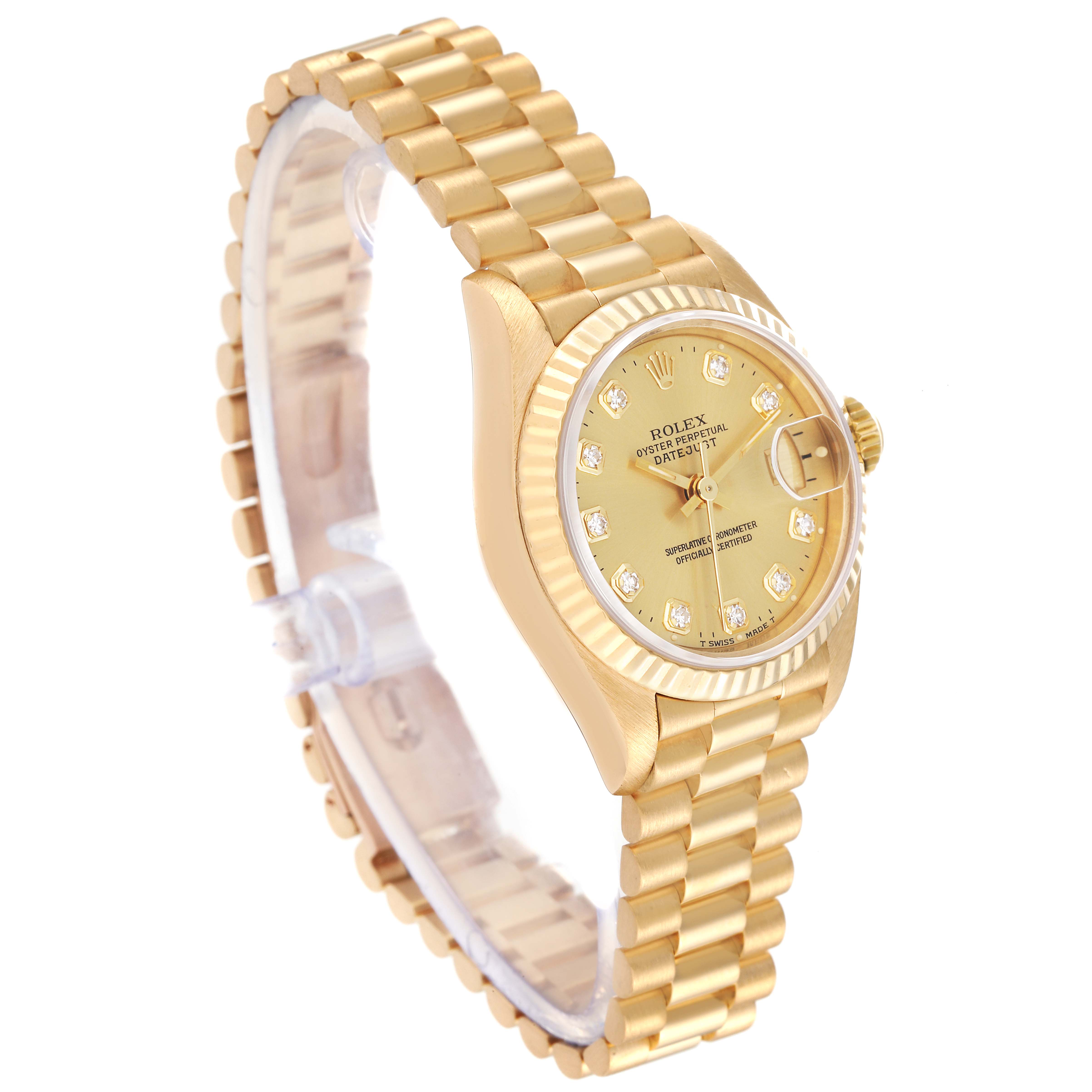 This image shows a gold Rolex President 69178 Women's Yellow Gold Champagne Dial 69178 Women's Yellow Gold Champagne Dial model watch at a three-quarter angle, displaying the face, band, and fluted bezel.