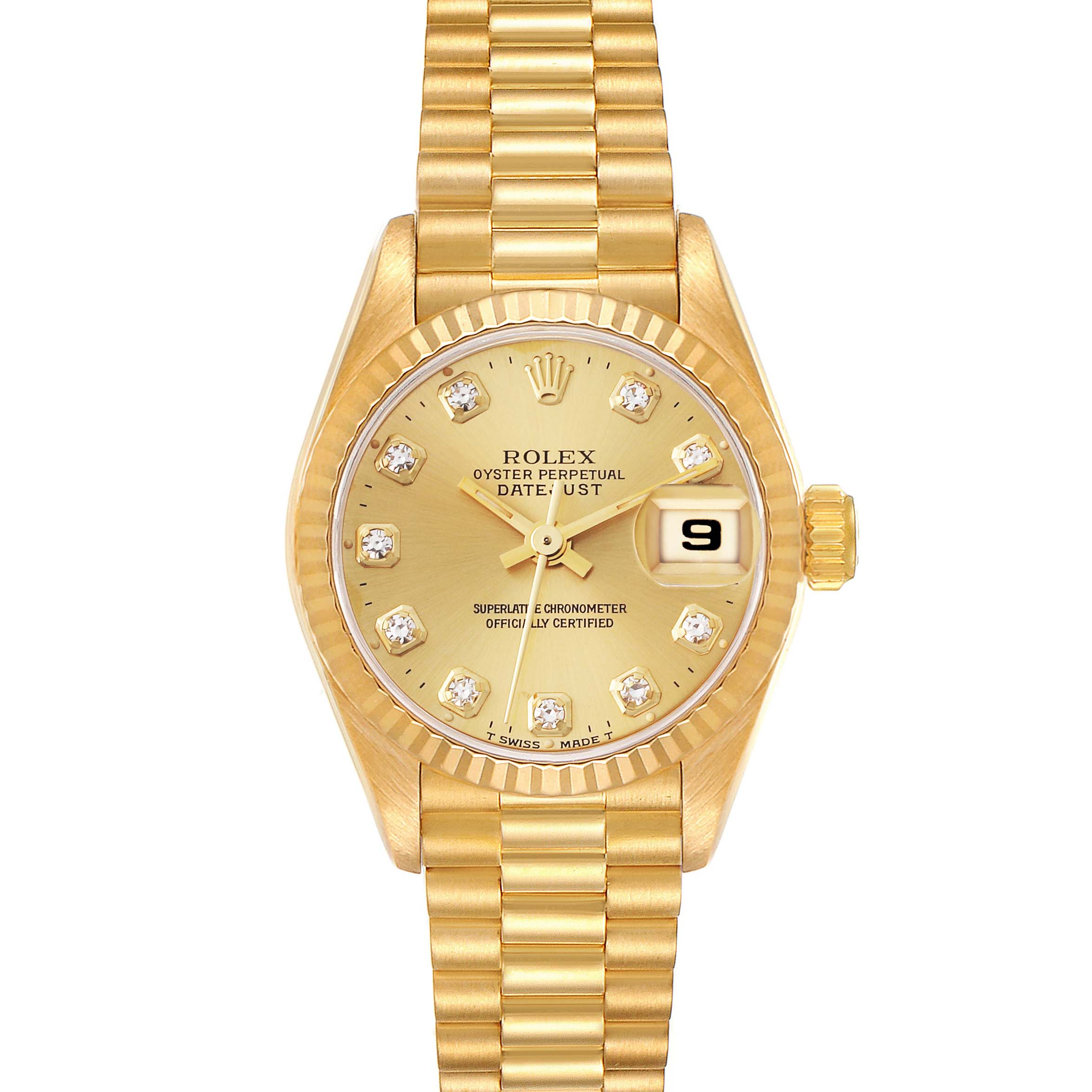 This Rolex President 69178 Women's Yellow Gold Champagne Dial 69178 Women's Yellow Gold Champagne Dial model watch is shown from a top-down angle, displaying its gold band, bezel, dial, and date window.