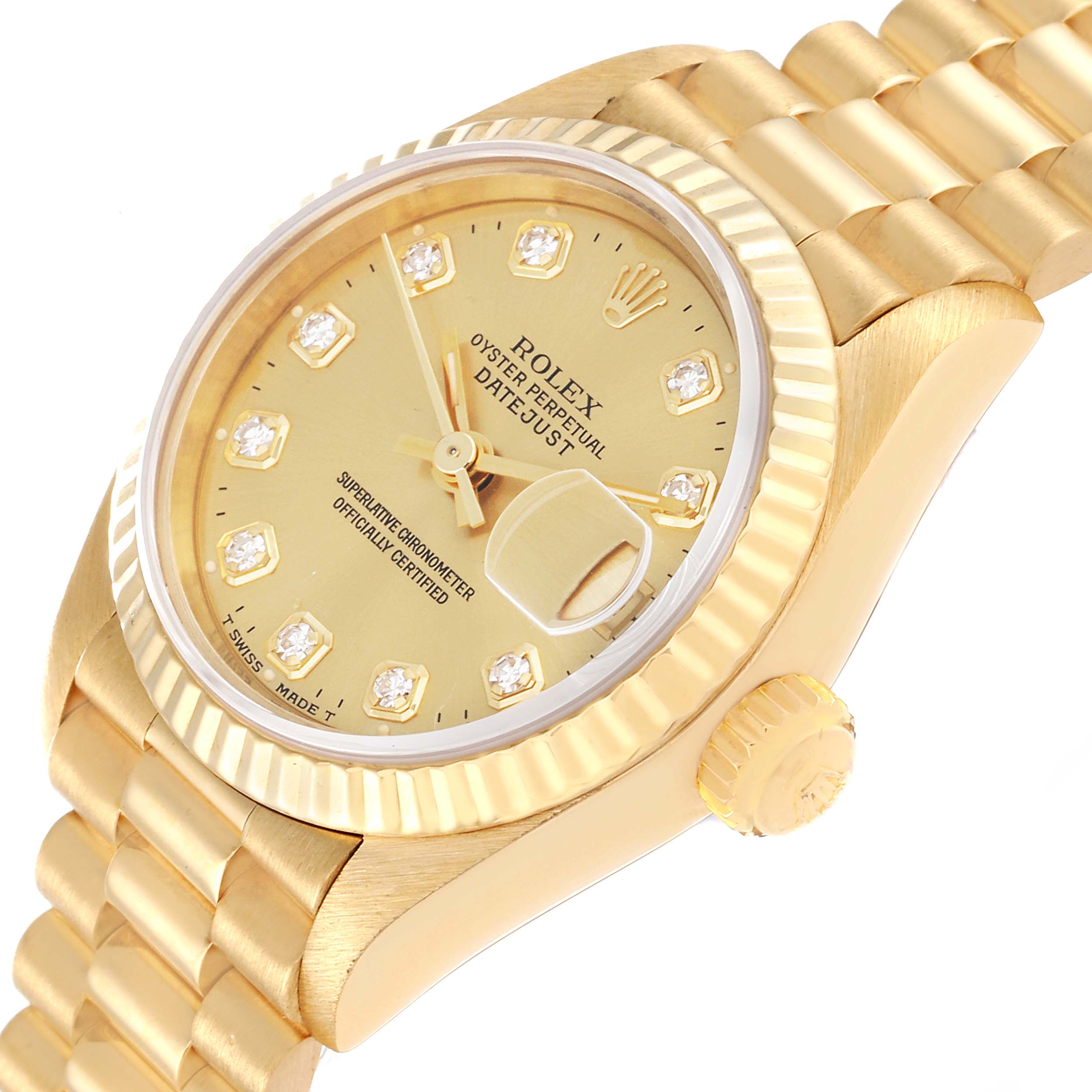 The Rolex President 69178 Women's Yellow Gold Champagne Dial 69178 Women's Yellow Gold Champagne Dial model watch is shown at an angle highlighting its face, bezel, crown, and part of its band.