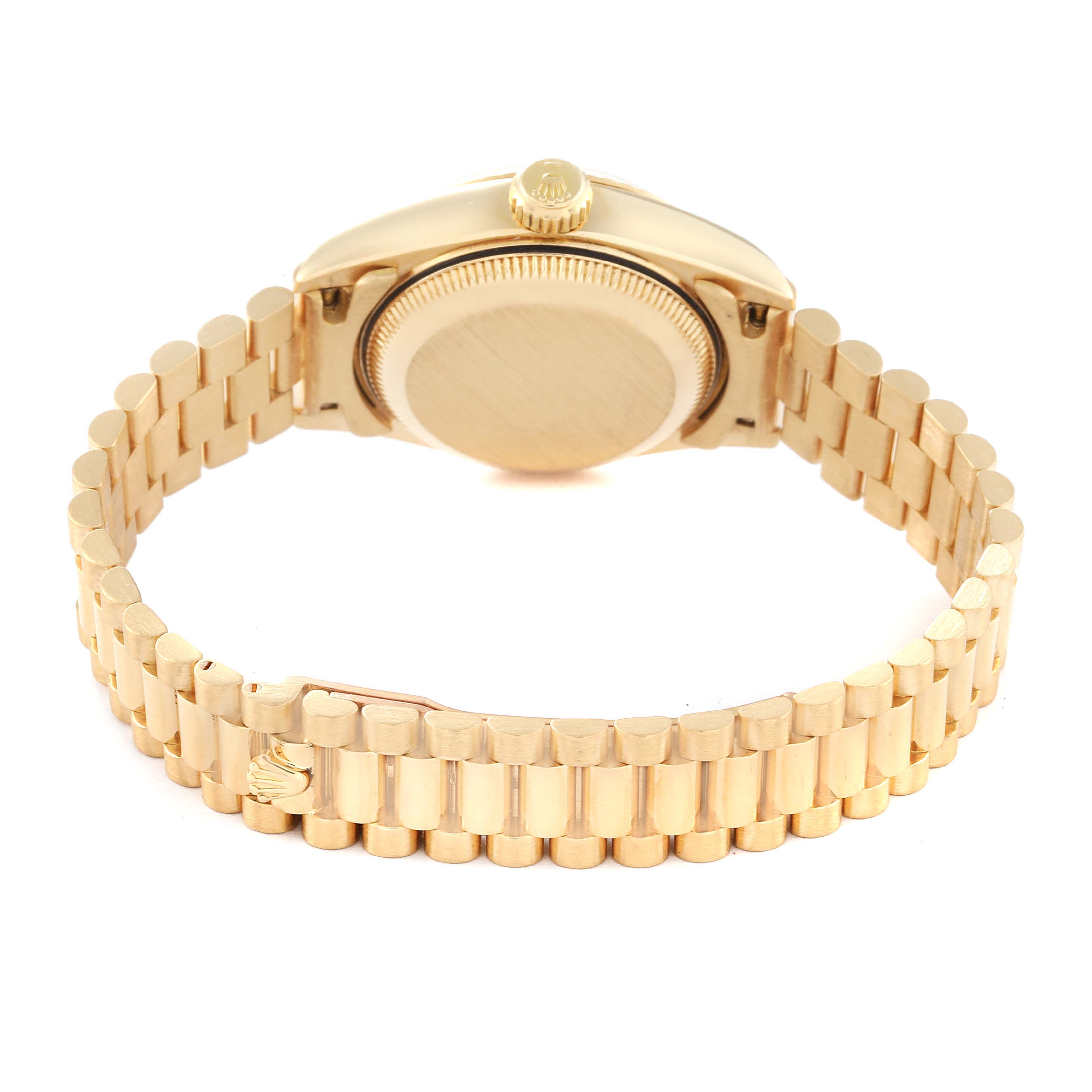 The image shows the back case and bracelet of a Rolex President 69178 Women's Yellow Gold Champagne Dial 69178 Women's Yellow Gold Champagne Dial model watch, viewed from the rear.