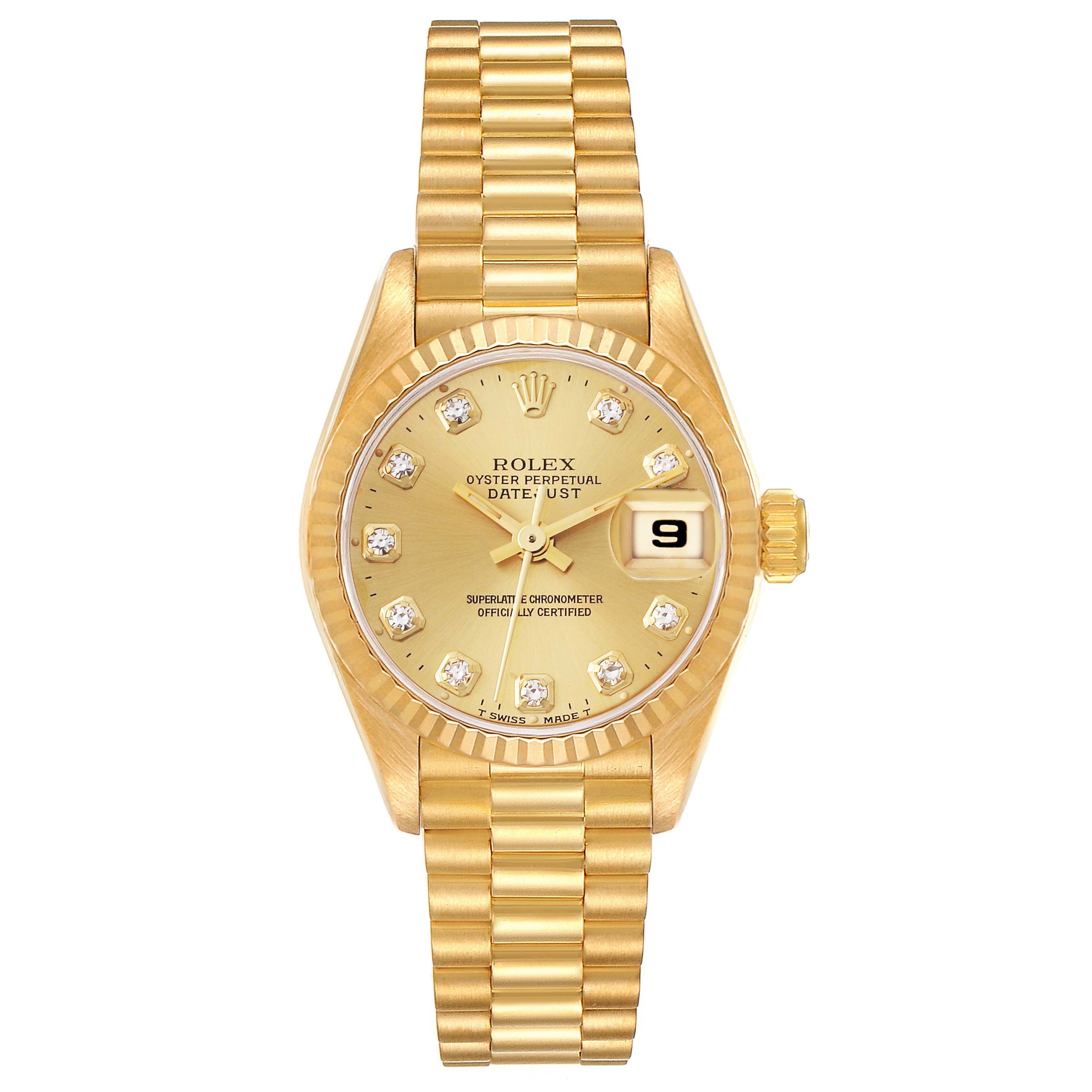 The image shows a front view of a Rolex President 69178 Women's Yellow Gold Champagne Dial 69178 Women's Yellow Gold Champagne Dial model watch, including the dial, bezel, and gold bracelet.