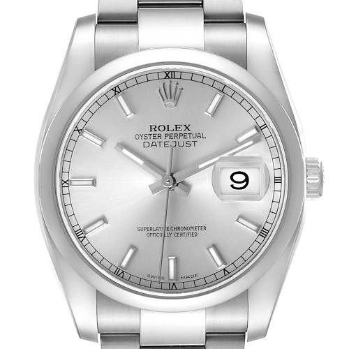 The Rolex Datejust 116200 Men's Stainless Steel Silver Dial watch is shown from a front angle, highlighting its dial, hands, date window, and part of the bracelet.