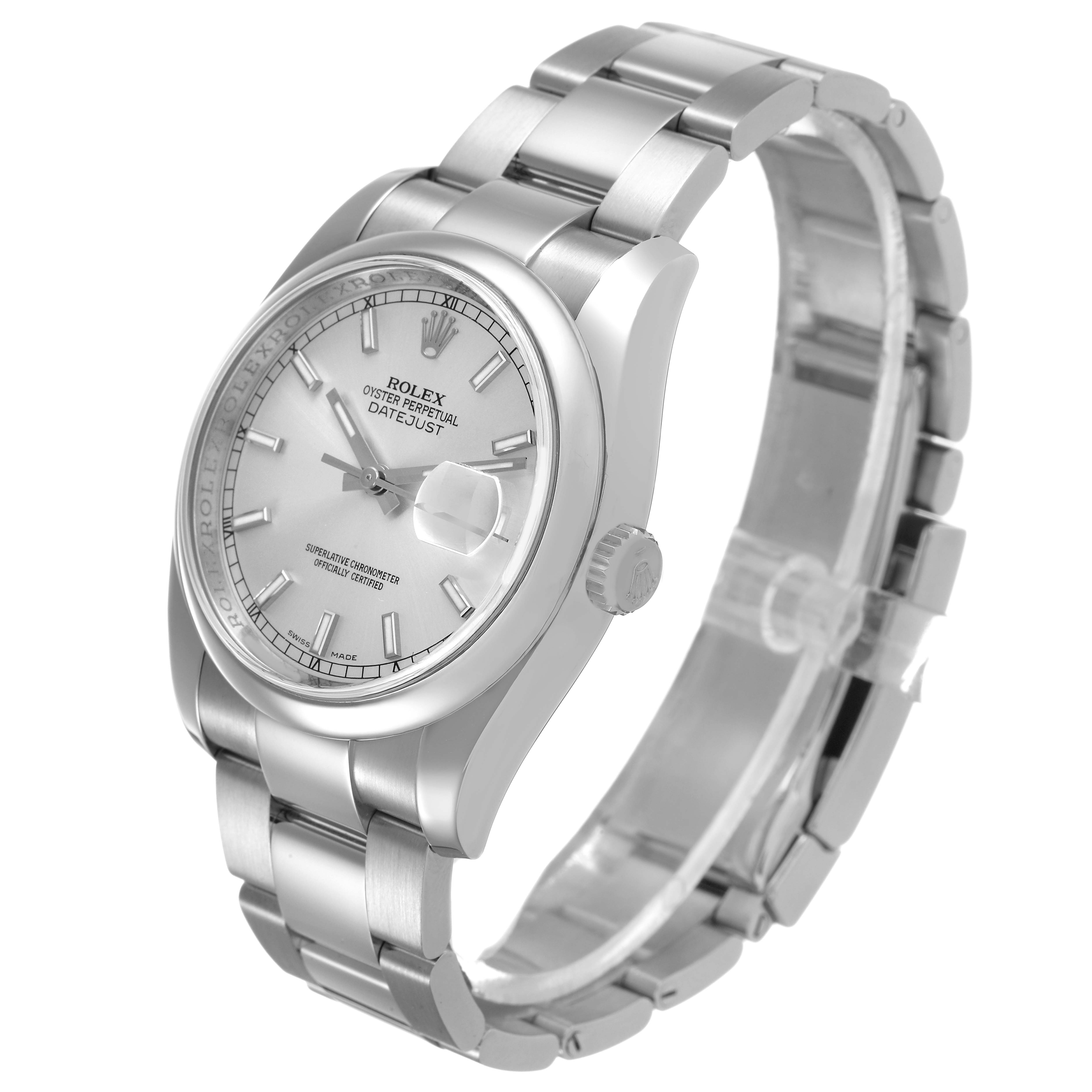 The Rolex Datejust 116200 Men's Stainless Steel Silver Dial watch is shown at an angled side view, highlighting the dial, bezel, case, and bracelet.