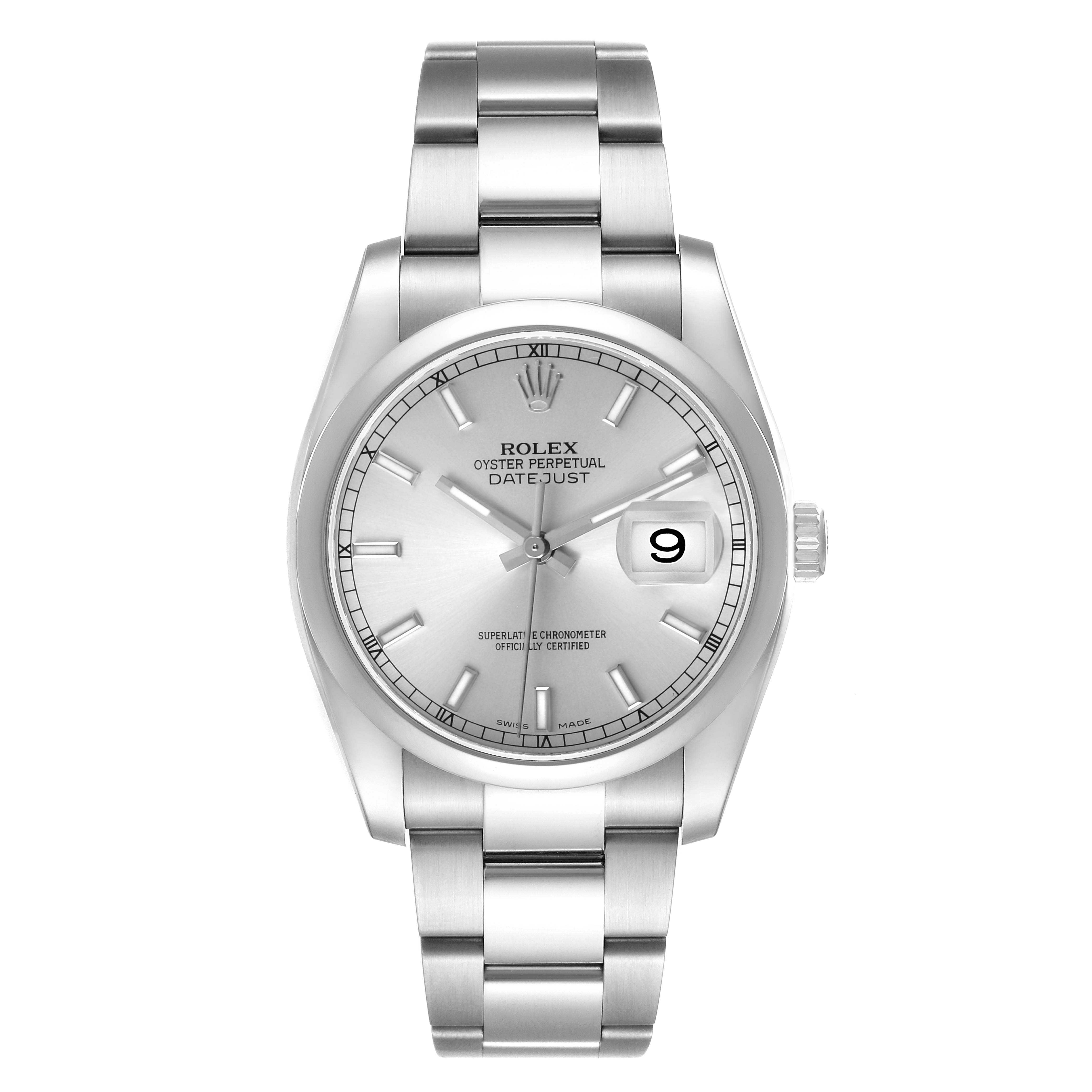 The image shows a Rolex Datejust 116200 Men's Stainless Steel Silver Dial watch from a front angle, highlighting the dial, bracelet, and date window.